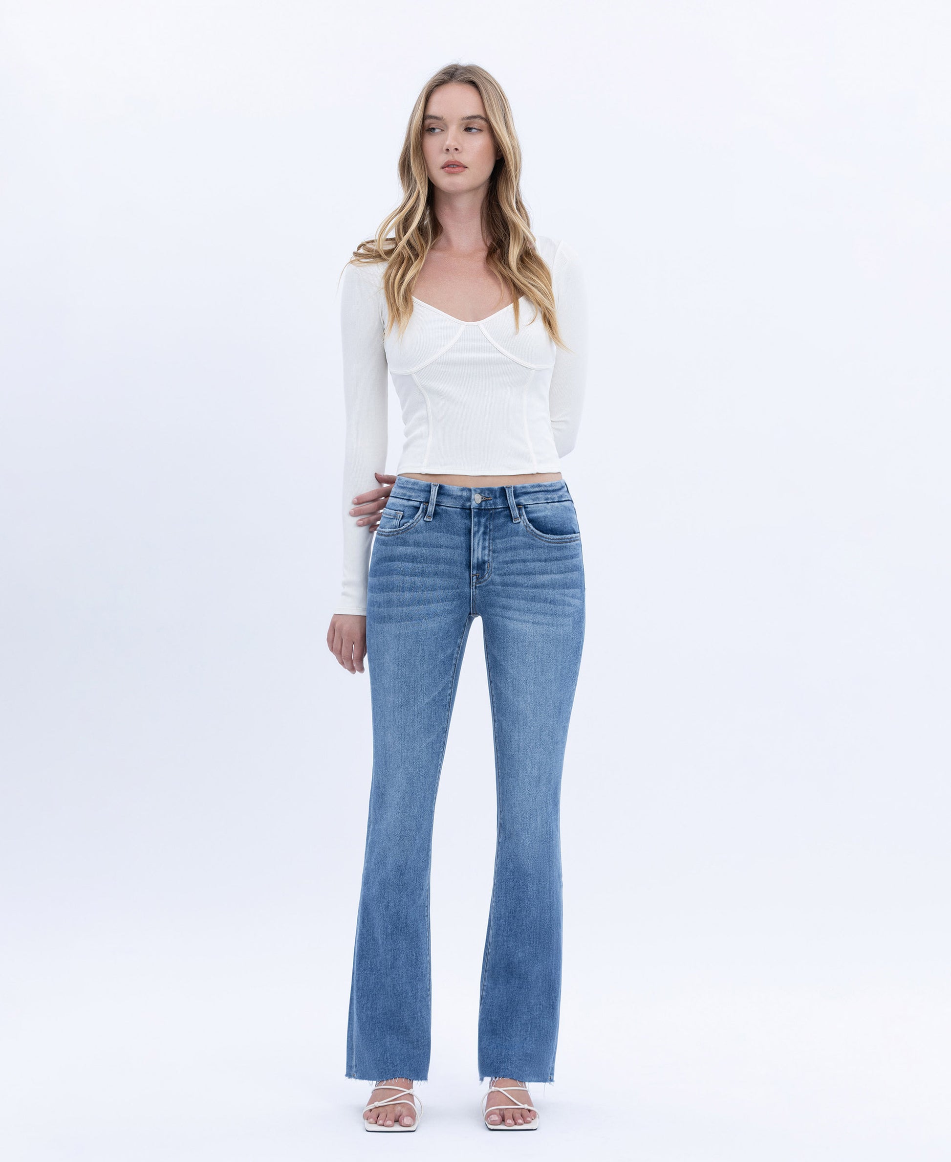 Front product images of Flores Sea - Mid Rise Seamless Waistband Bootcut Jeans