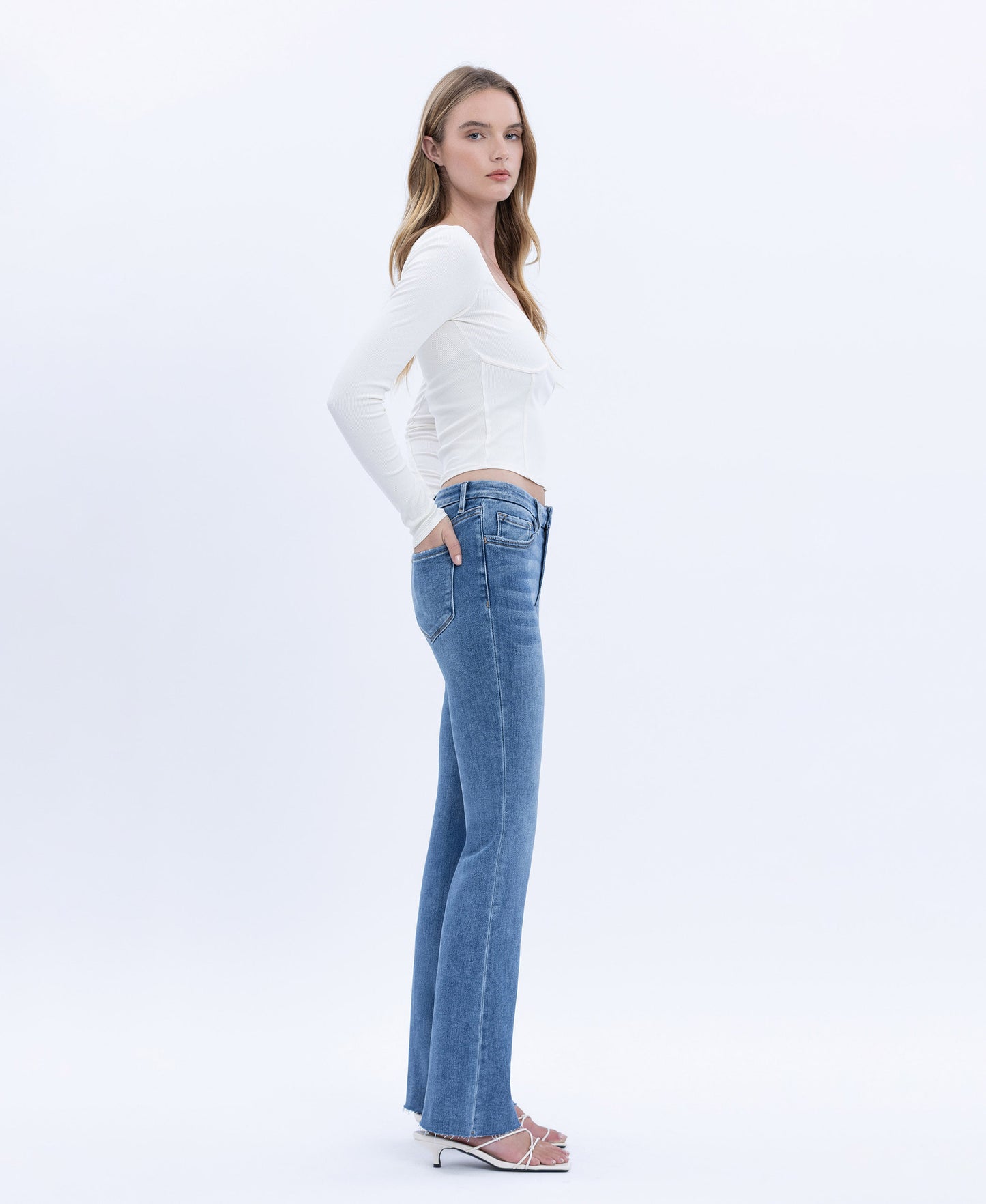 Right side product images of Flores Sea - Mid Rise Seamless Waistband Bootcut Jeans