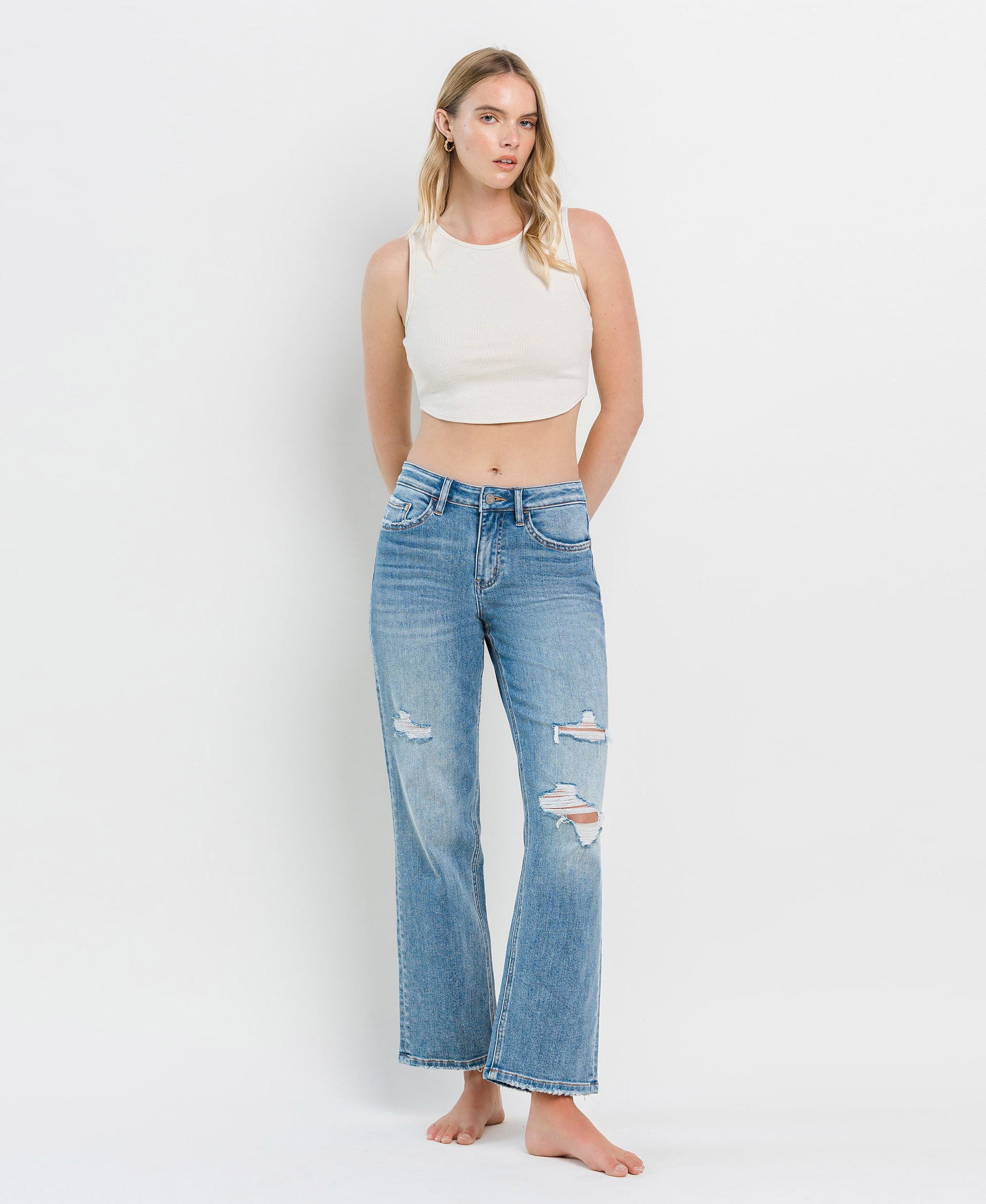 Front product images of Joysome - High Rise Distressed Slim Wide Leg Jeans