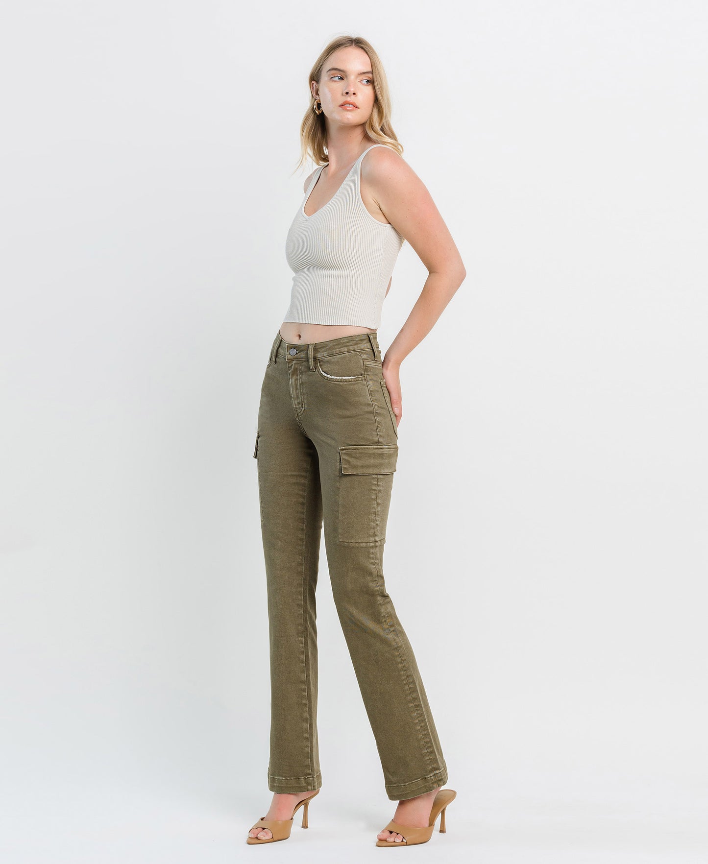 Left 45 degrees product image of Moss - High Rise Relaxed Bootcut Cargo Jeans