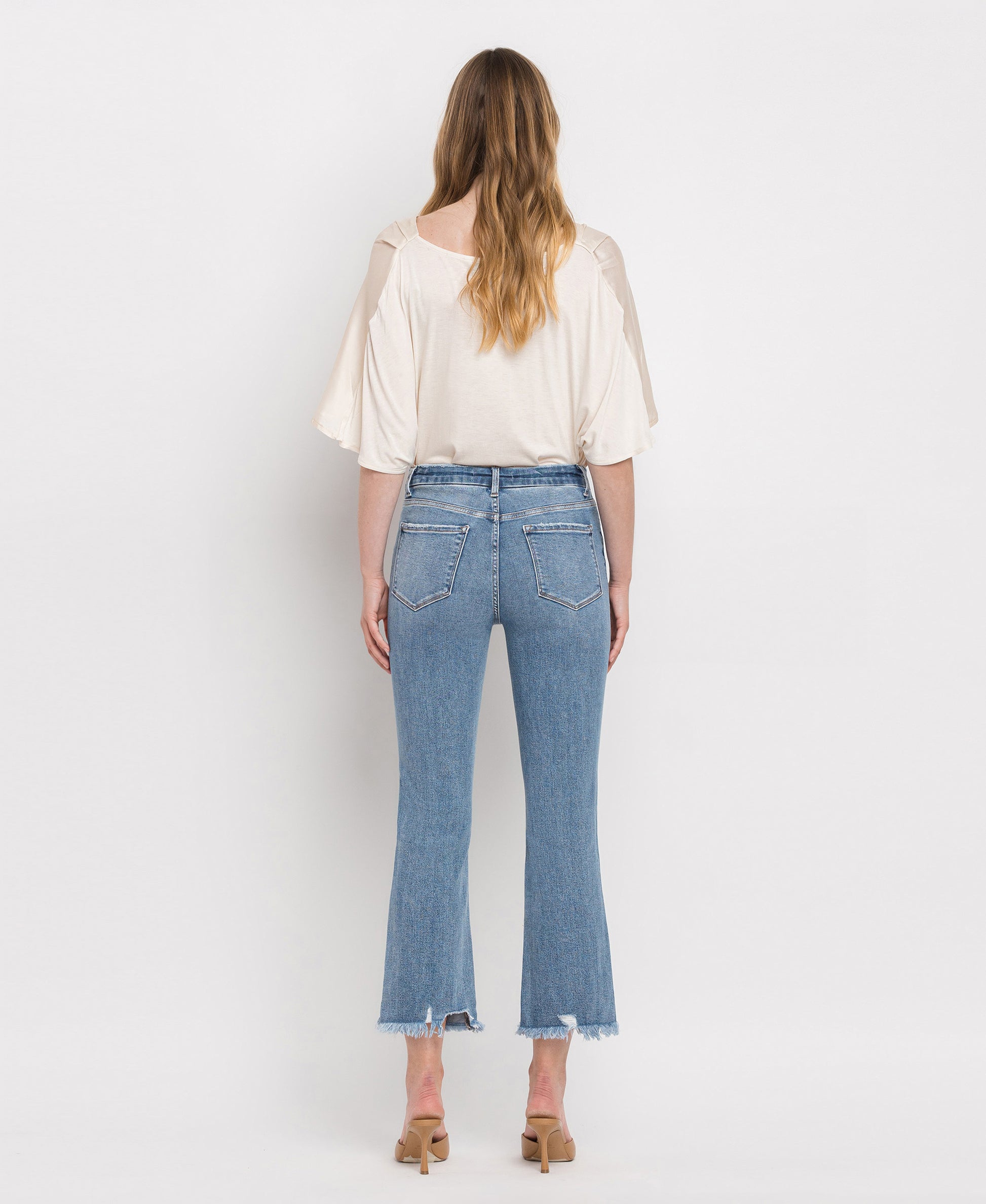 Back product images of Merciful - High Rise Frayed Hem Crop Flare Jeans