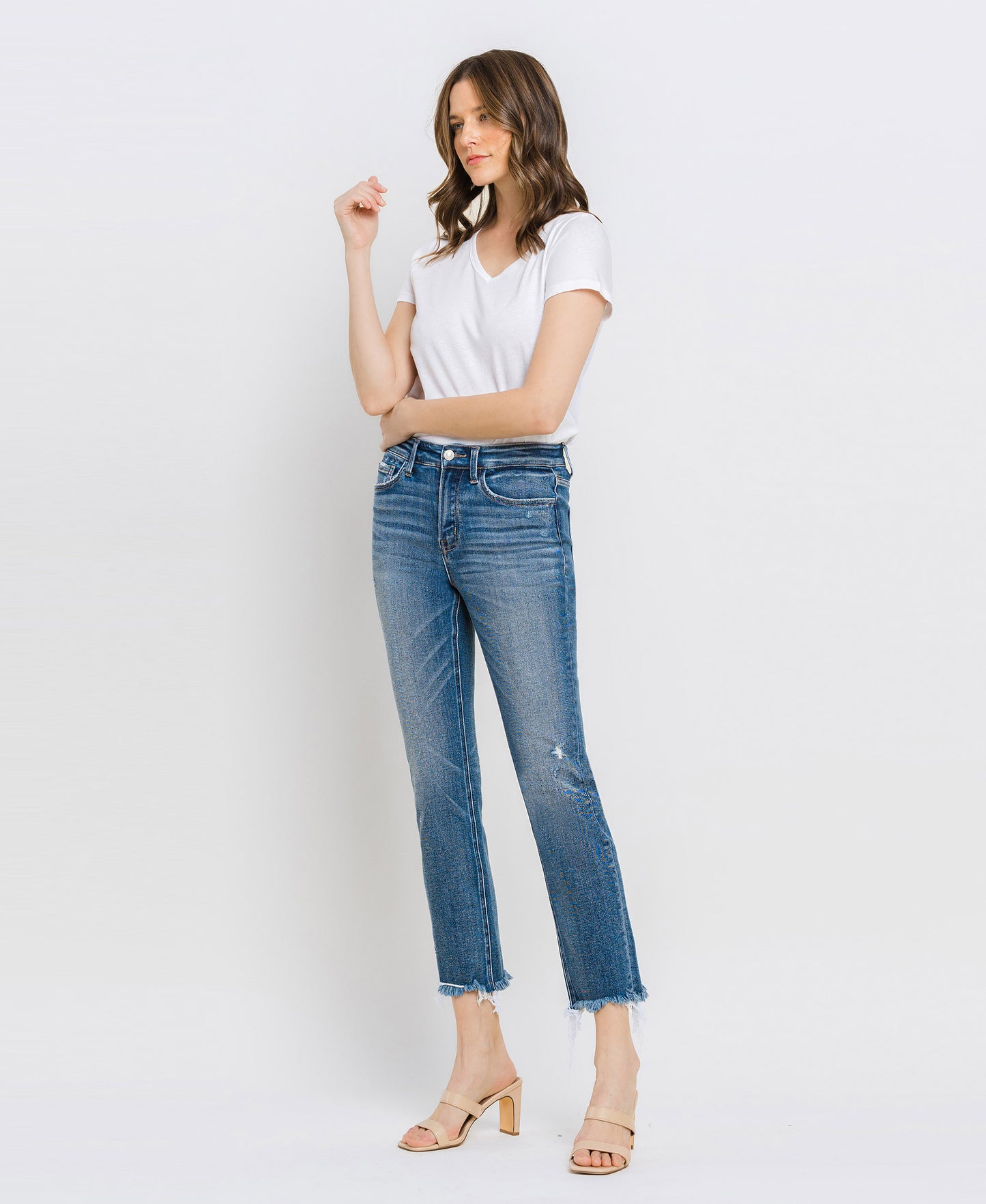 Left 45 degrees product image of River Lagan - High Rise Uneven Raw Hem Slim Straight Jeans