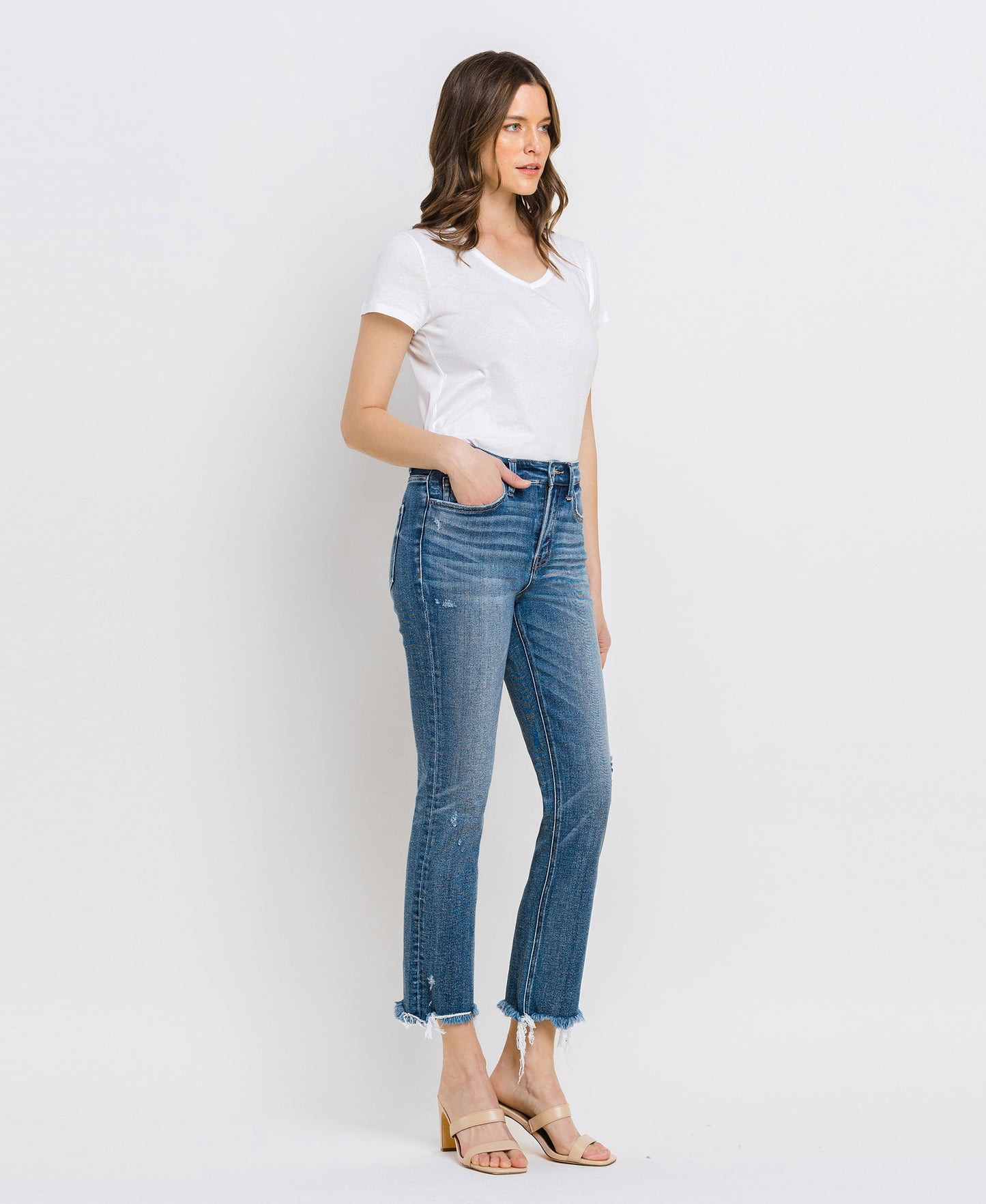 Right 45 degrees product image of River Lagan - High Rise Uneven Raw Hem Slim Straight Jeans