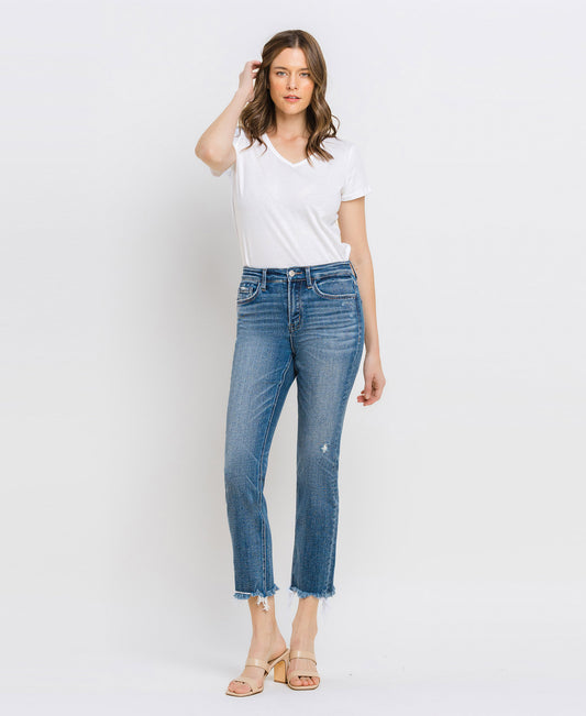 Front product images of River Lagan - High Rise Uneven Raw Hem Slim Straight Jeans