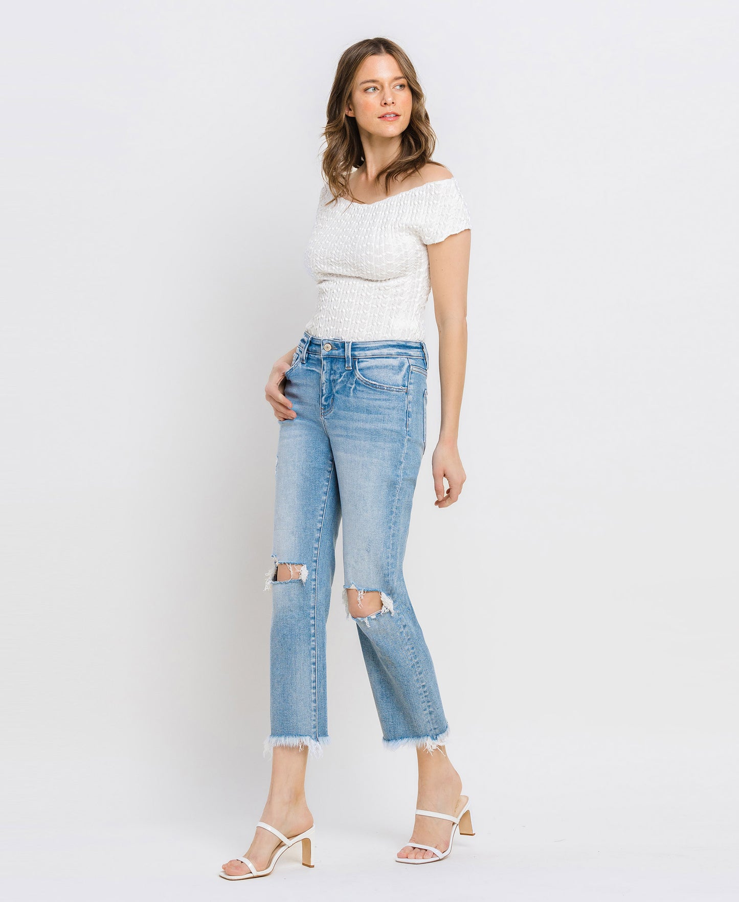 Left 45 degrees product image of Torne River - High Rise Raw Crop Straight Jeans