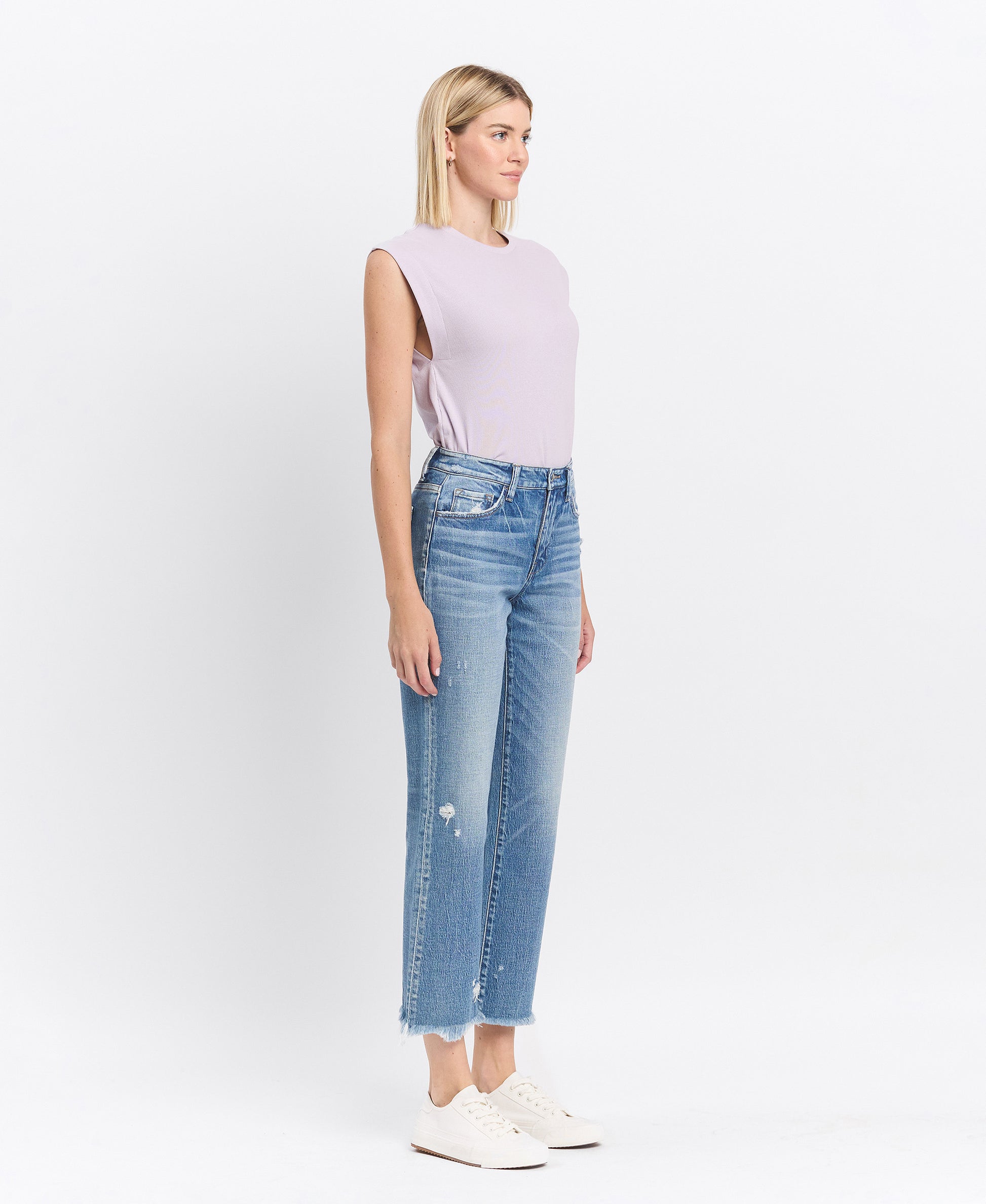 Right 45 degrees product image of Periwinkle - High Rise Frayed Hem Crop Straight Jeans