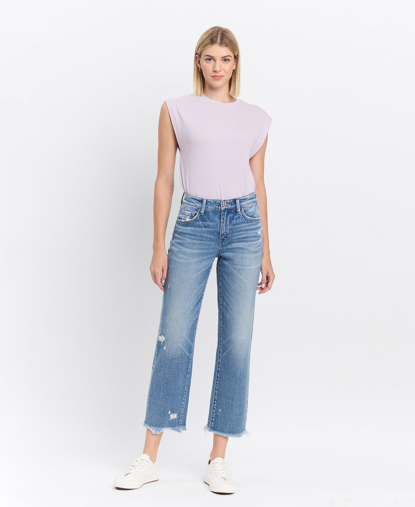 Front product images of Periwinkle - High Rise Frayed Hem Crop Straight Jeans