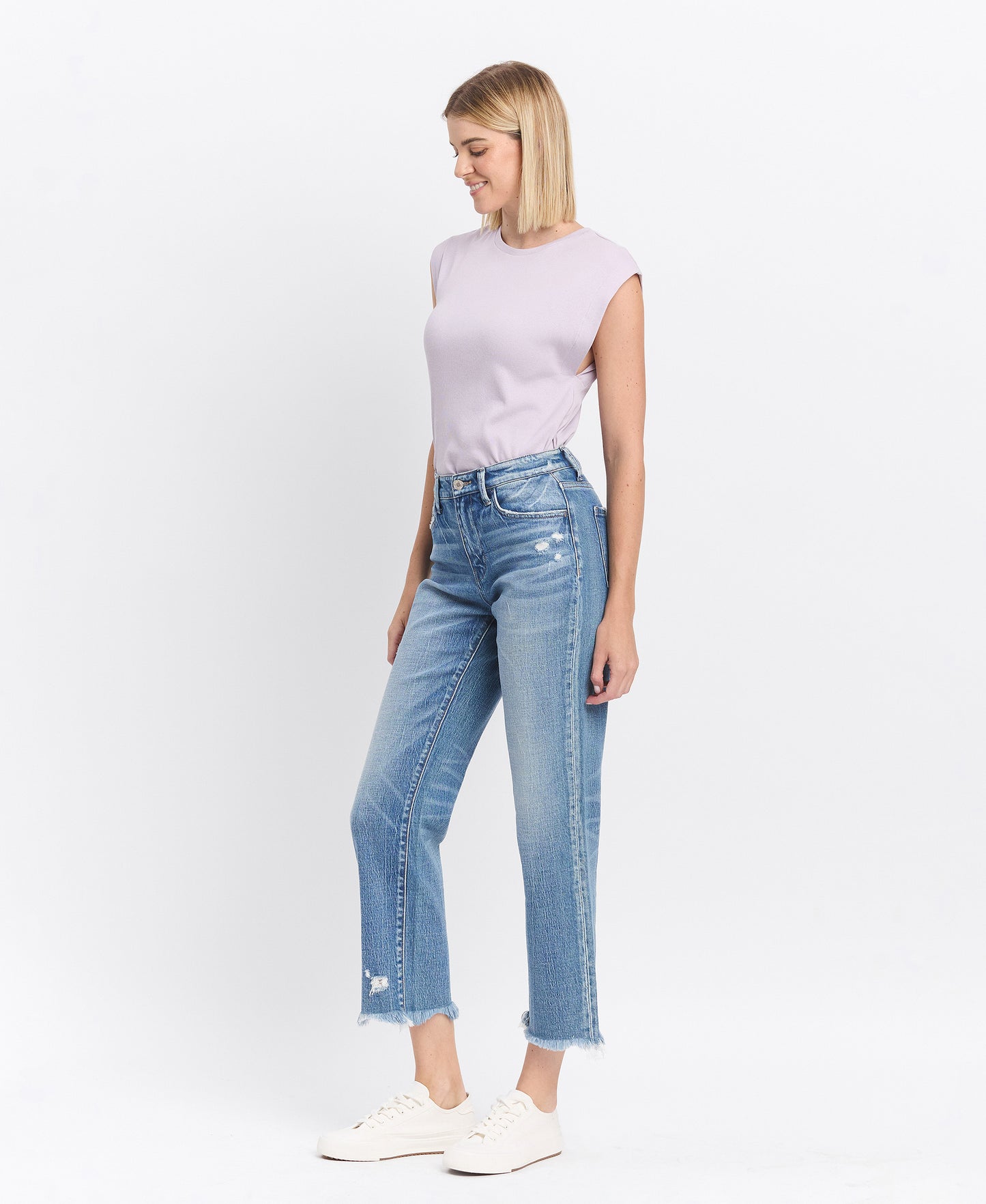 Left 45 degrees product image of Periwinkle - High Rise Frayed Hem Crop Straight Jeans