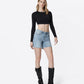 Right 45 degrees product image of Done Deal - High Rise Raw Hem Midi Denim Shorts