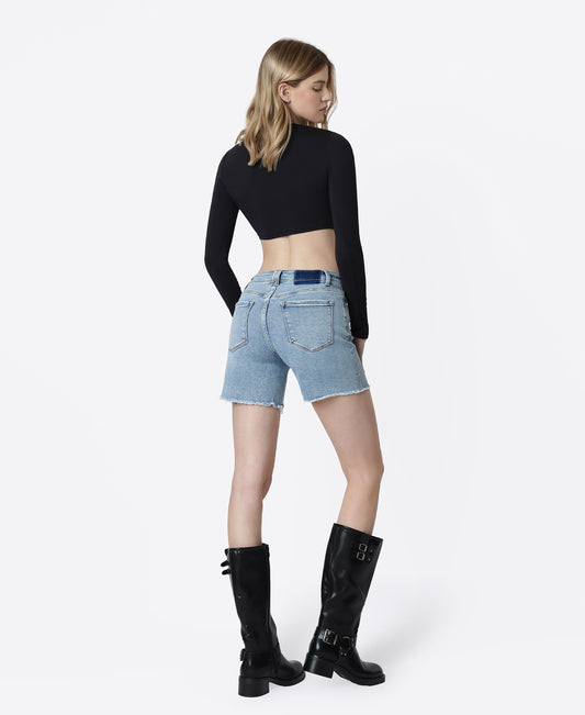 Back product images of Done Deal - High Rise Raw Hem Midi Denim Shorts