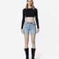 Front product images of Done Deal - High Rise Raw Hem Midi Denim Shorts