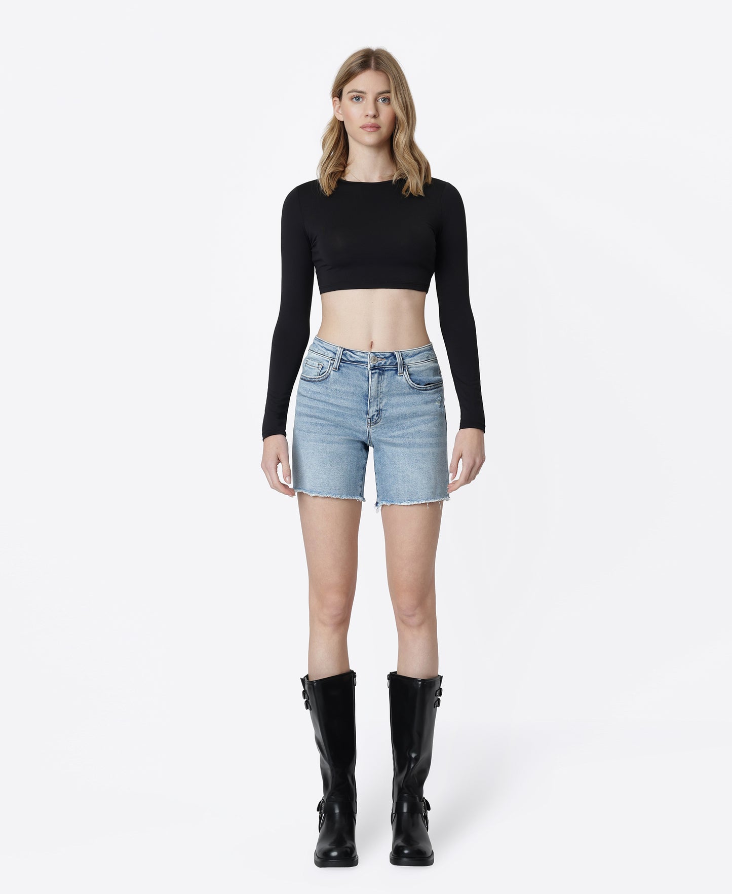 Front product images of Done Deal - High Rise Raw Hem Midi Denim Shorts