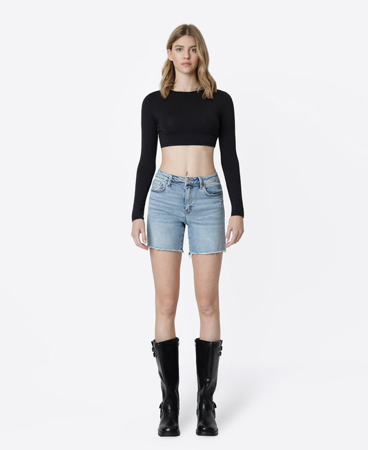 Front product images of Done Deal - High Rise Raw Hem Midi Denim Shorts