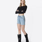 Left 45 degrees product image of Done Deal - High Rise Raw Hem Midi Denim Shorts