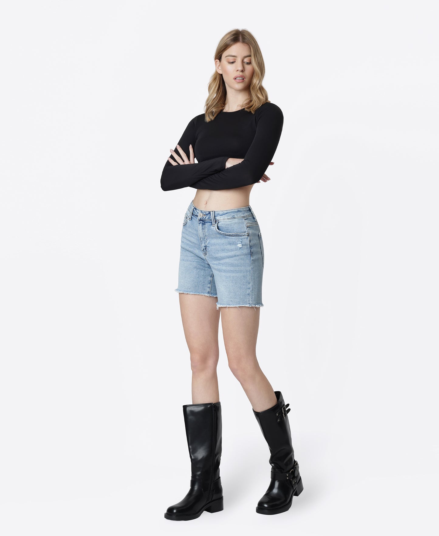 Left 45 degrees product image of Done Deal - High Rise Raw Hem Midi Denim Shorts