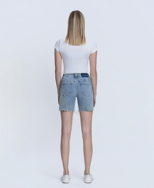 Back product images of Done Deal - High Rise Raw Hem Midi Denim Shorts