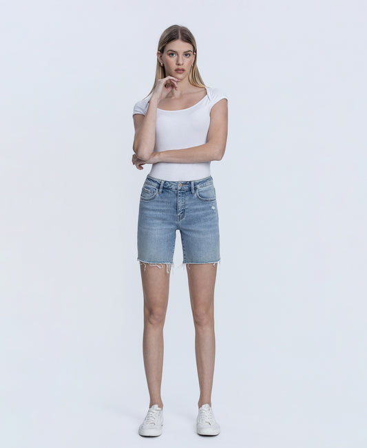 Front product images of Done Deal - High Rise Raw Hem Midi Denim Shorts