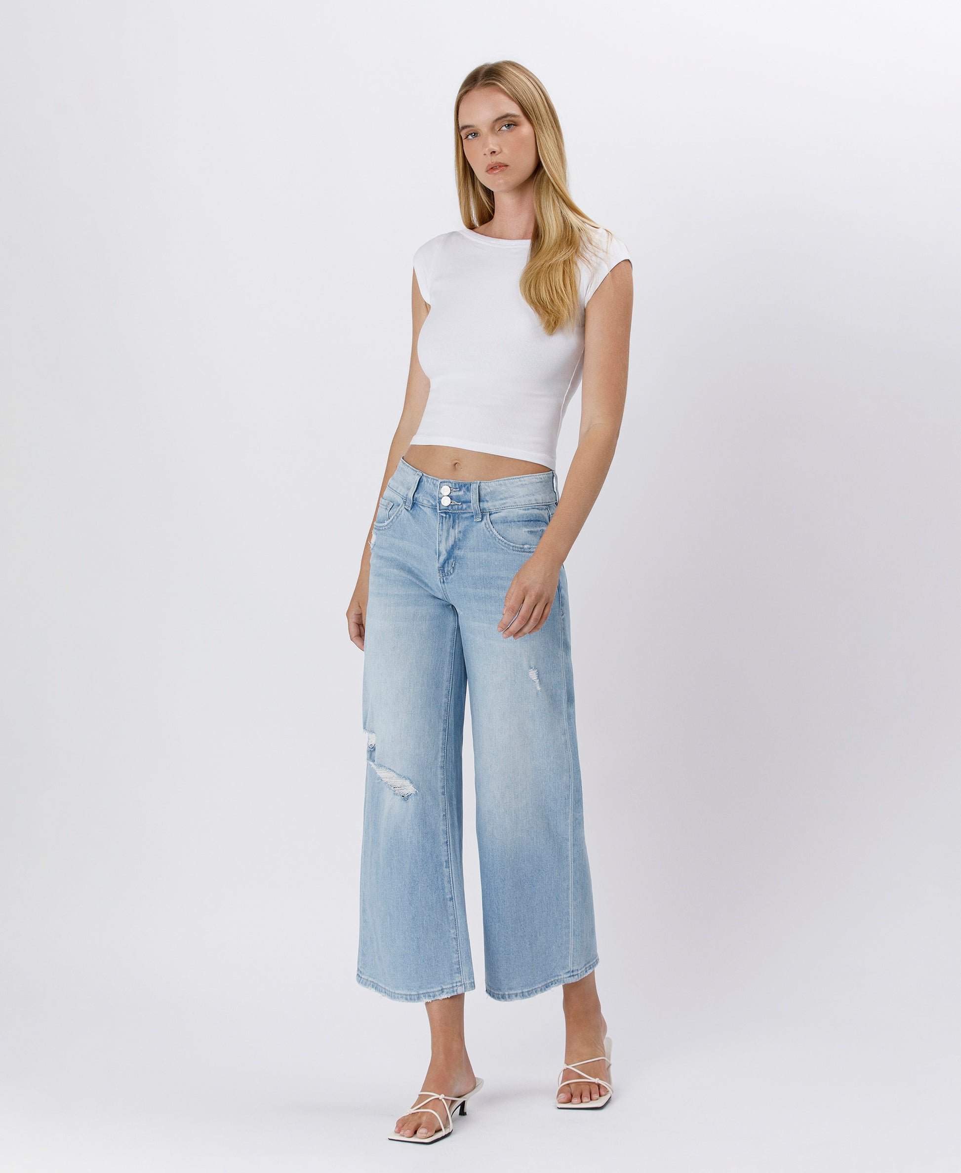 Left 45 degrees product image of Cava - High Rise Two Buttons Crop Wide Leg Jeans