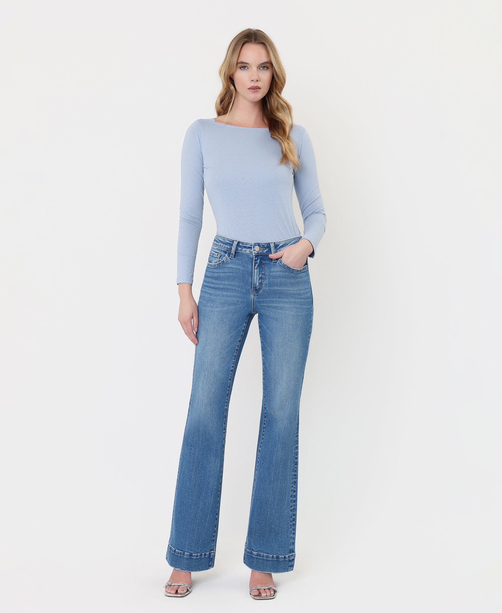 Front product images of Blue Lotus - High Rise Trouser Hem Relaxed Flare Jeans