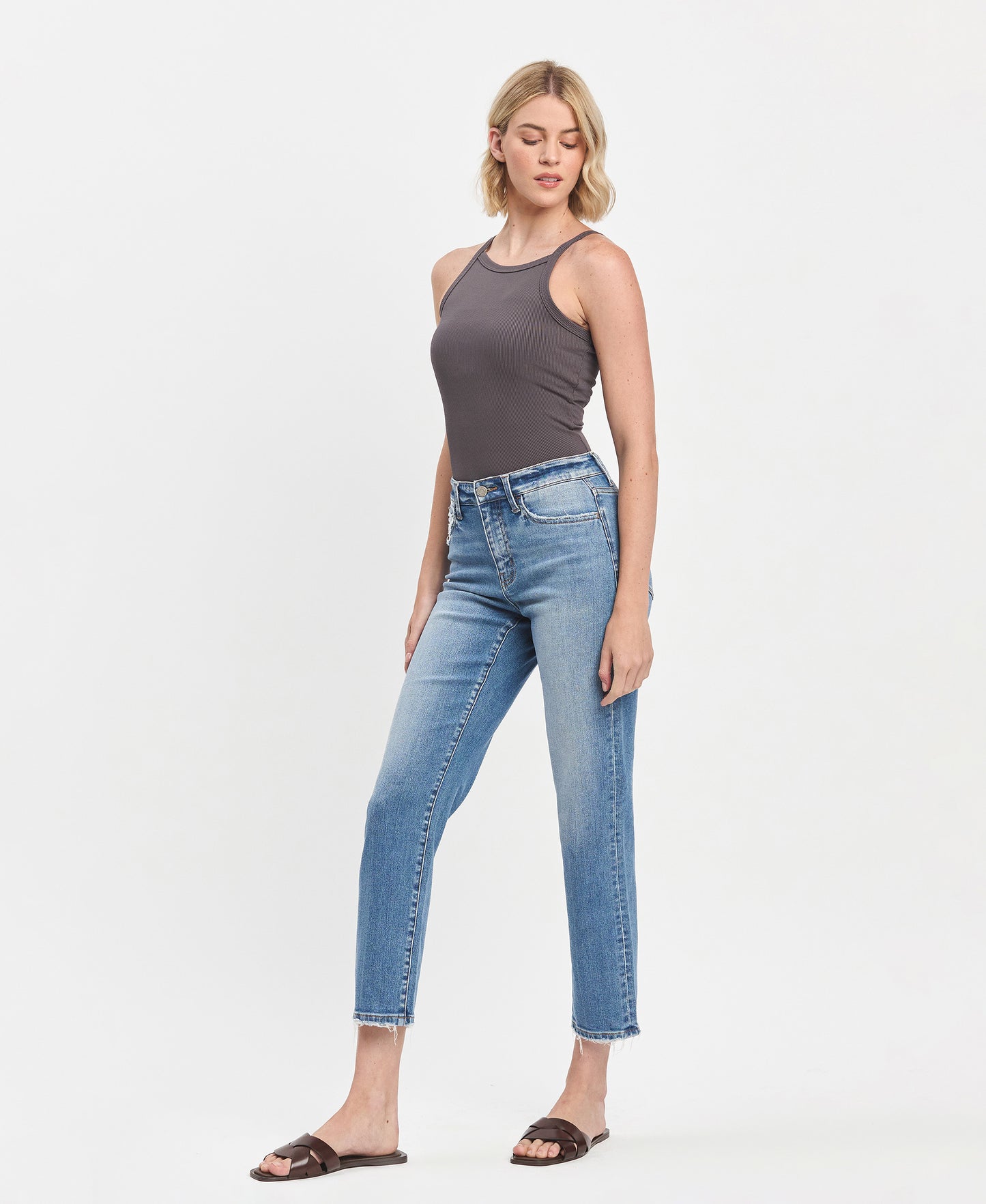 Left 45 degrees product image of Bardot - High Rise Tapered Ankle Straight Jeans