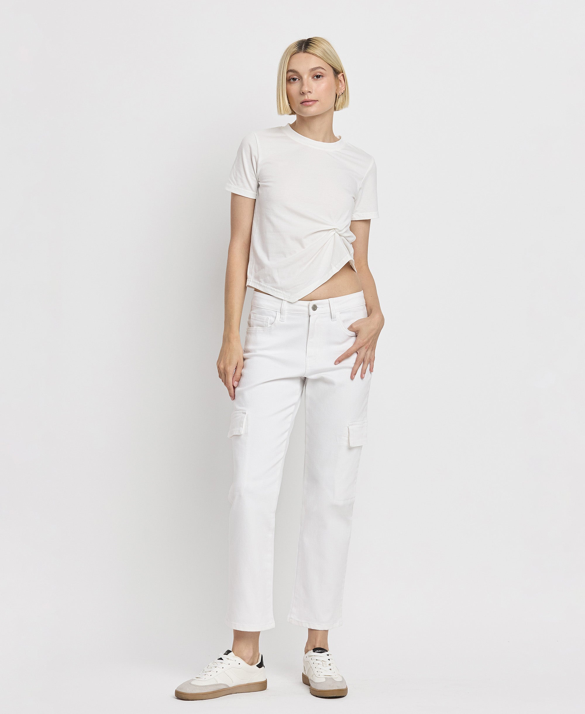VERVET Optic White High Rise Crop Cargo Straight Jeans