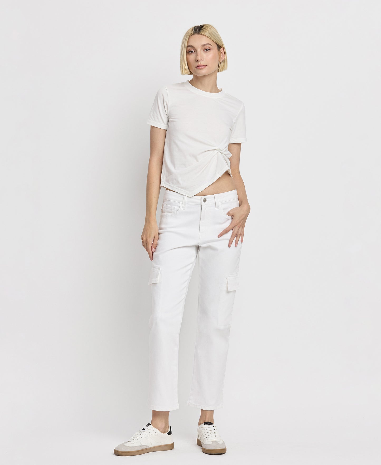 Front product images of Optic White - High Rise Crop Cargo Straight Jeans