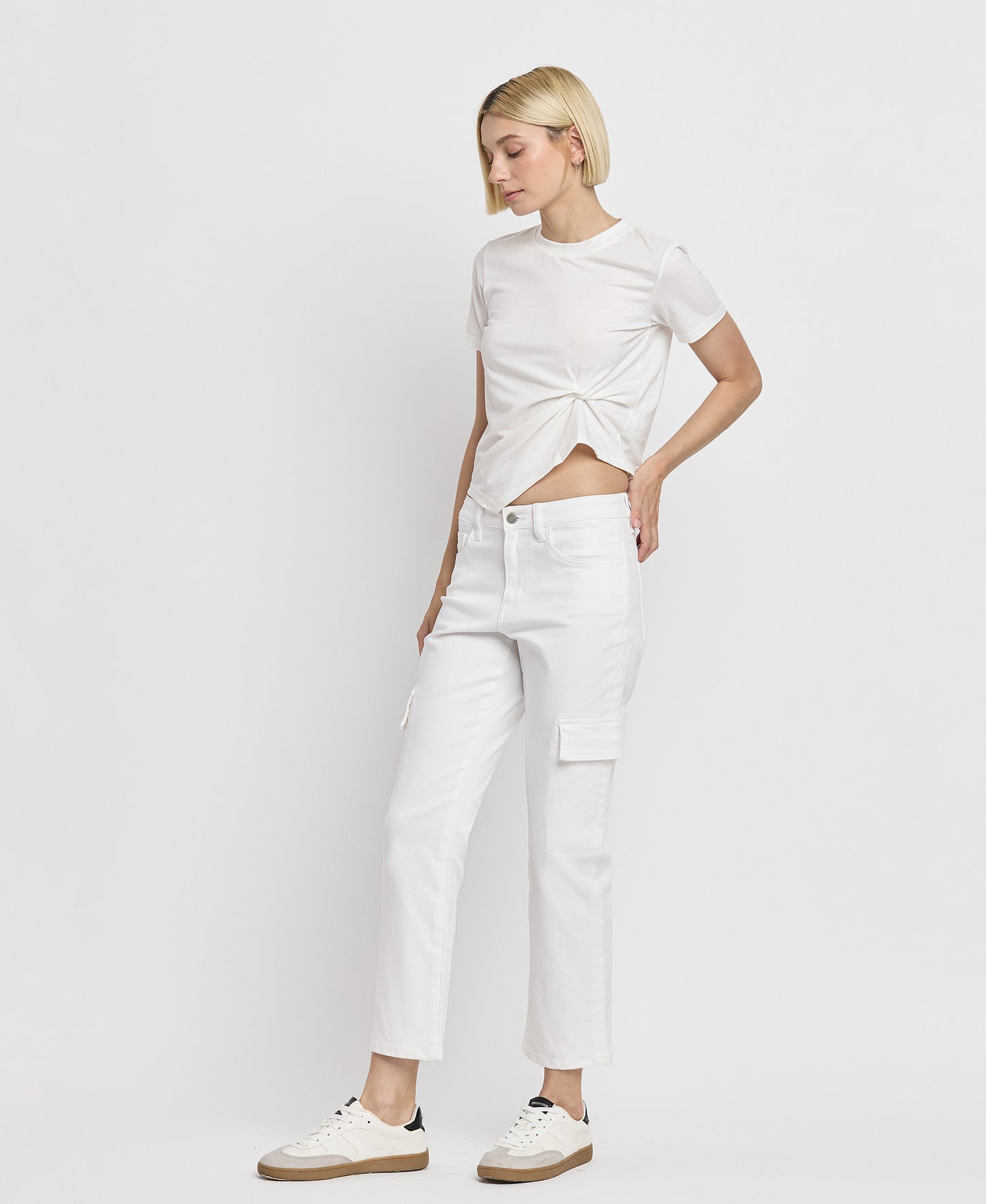 Left 45 degrees product image of Optic White - High Rise Crop Cargo Straight Jeans