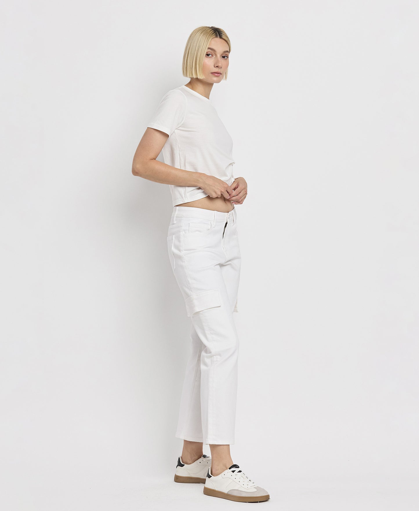 Right 45 degrees product image of Optic White - High Rise Crop Cargo Straight Jeans