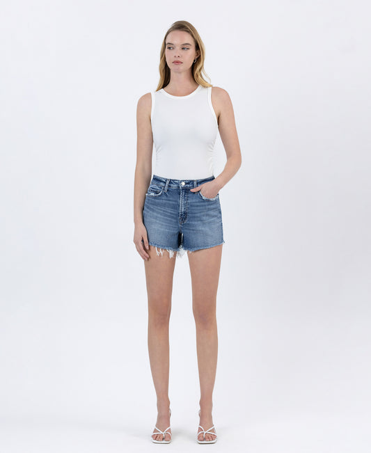 Front product images of Divina - High Rise Frayed Hem A Line Denim Shorts