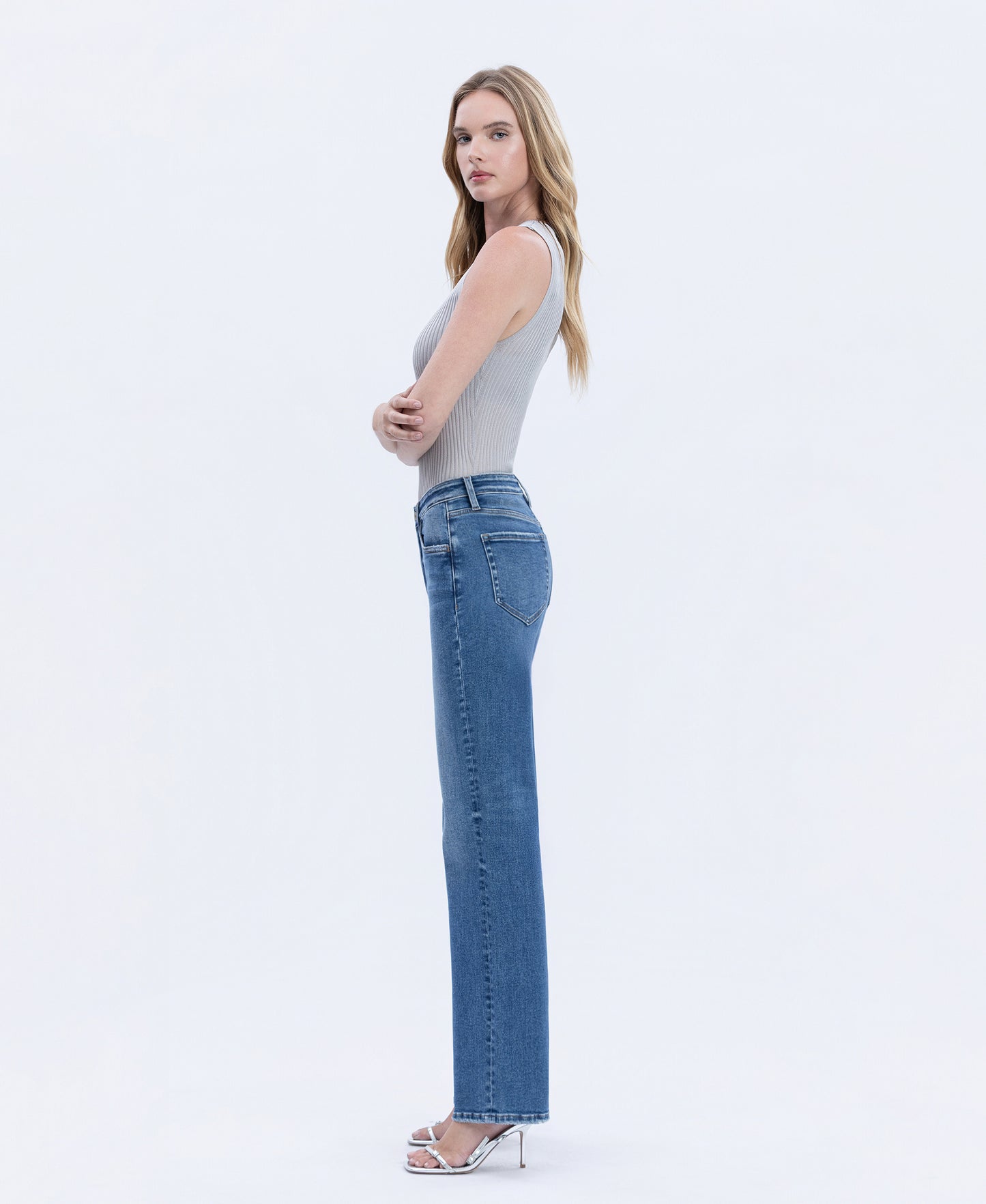 Left side product images of Dreamland - High Rise Full Length Slim Wide Leg Jeans