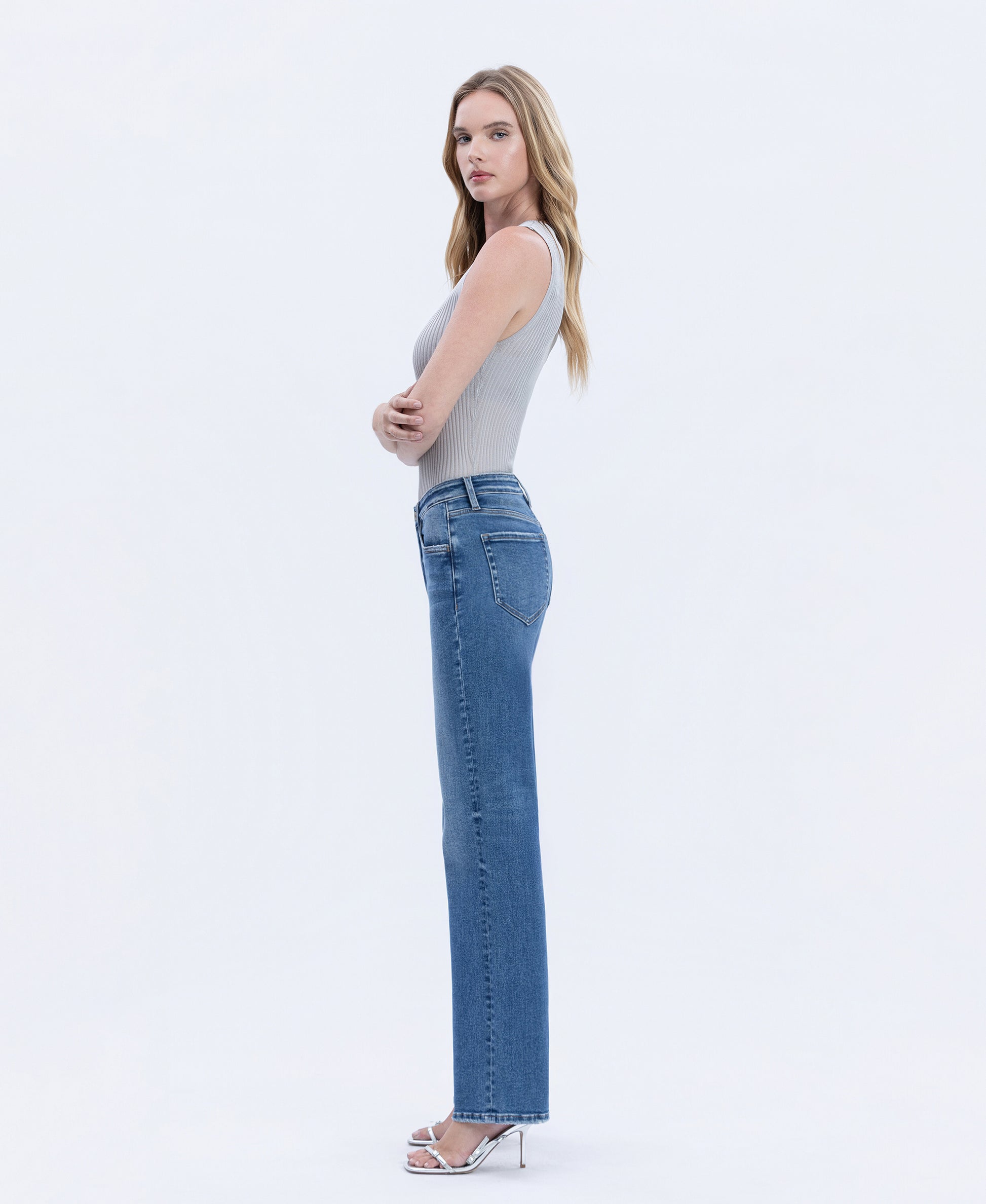 Left side product images of Dreamland - High Rise Full Length Slim Wide Leg Jeans