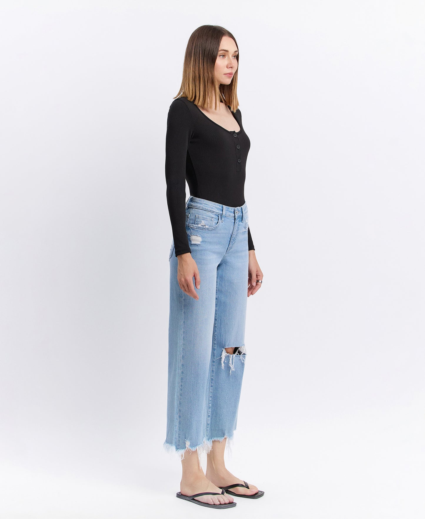 Right 45 degrees product image of Spellbindingly - High Rise Distressed Crop Wide Leg Jeans 