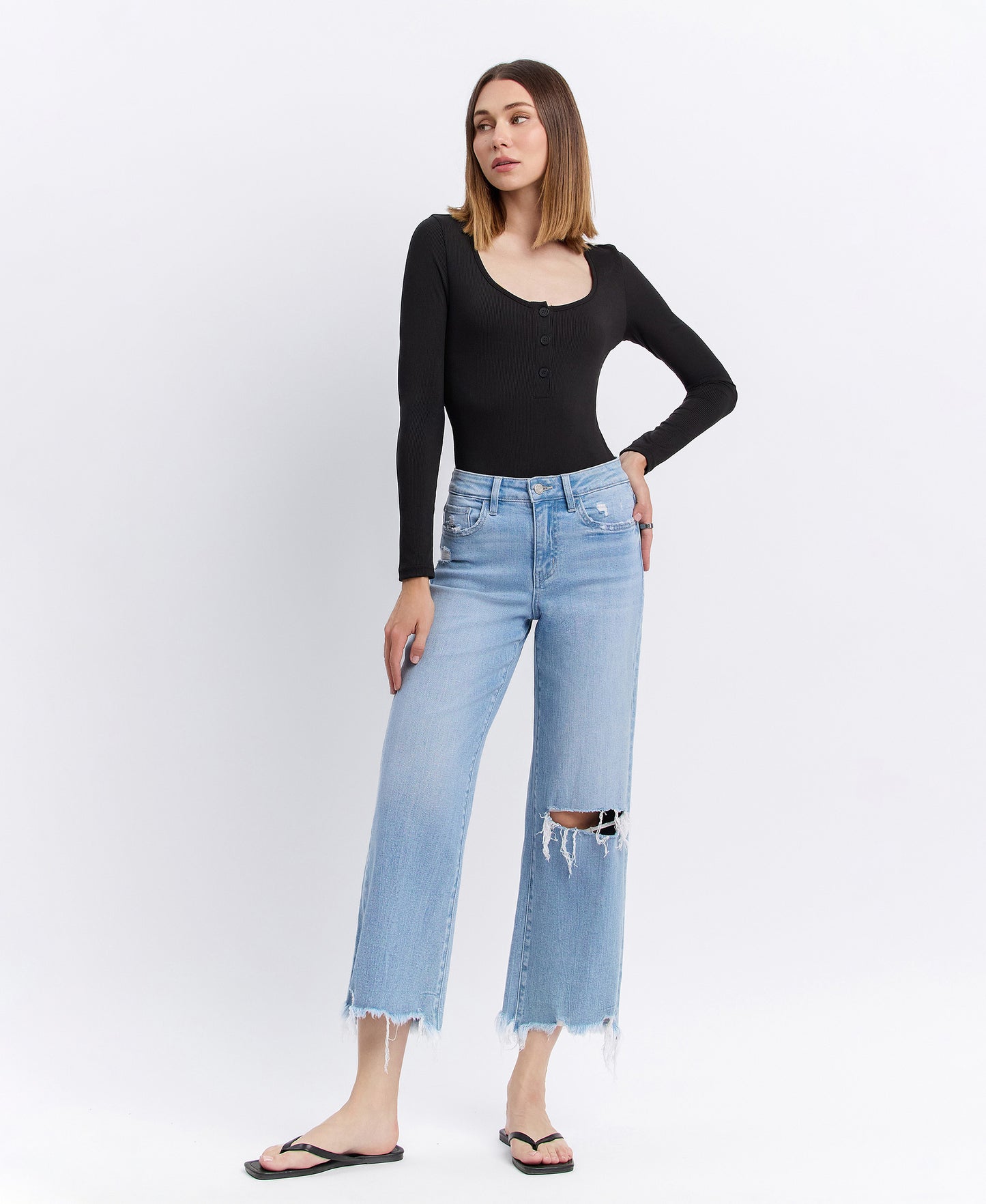 Front product images of Spellbindingly - High Rise Distressed Crop Wide Leg Jeans