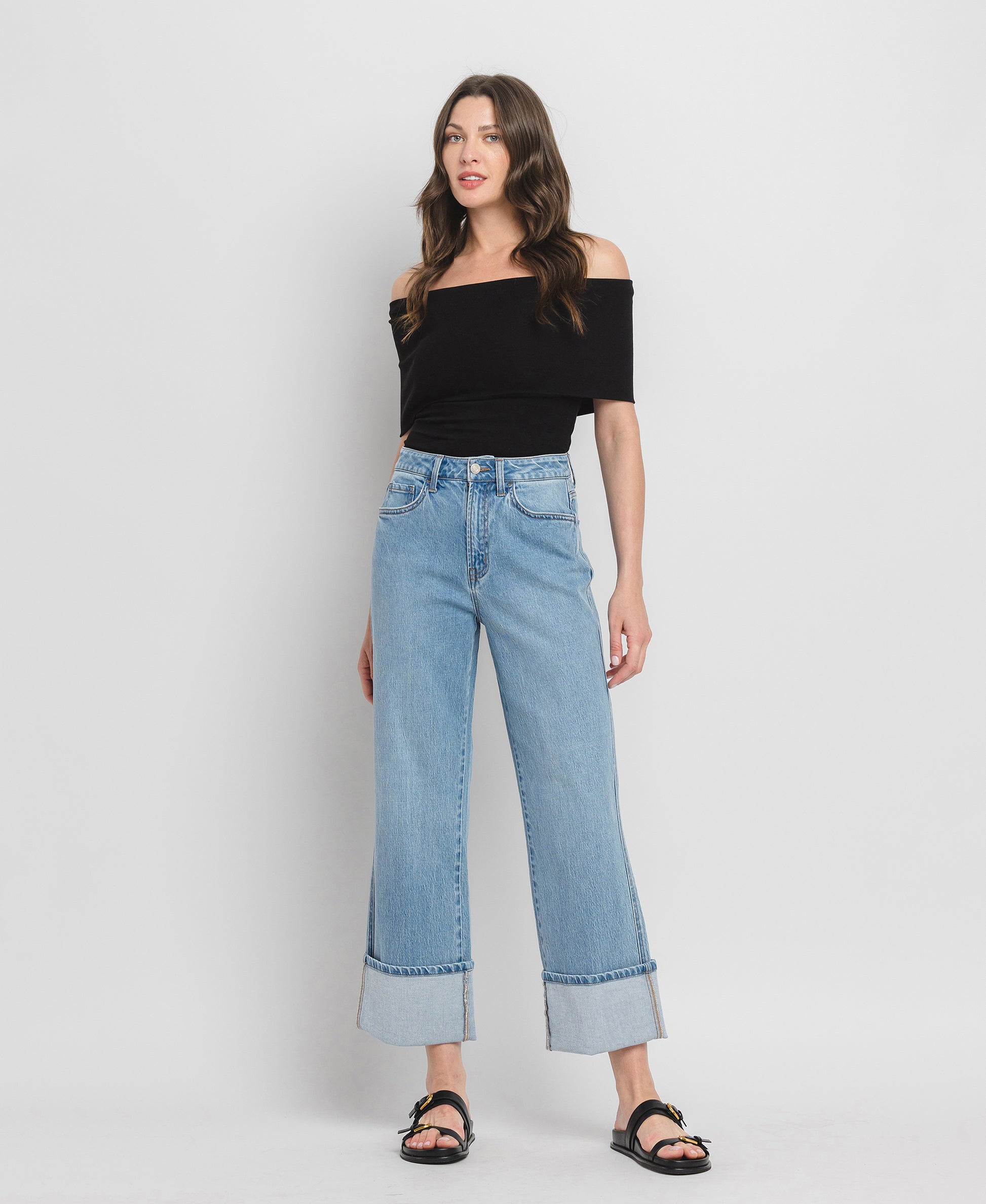 Front product images of Enrapture - Super High Rise Cuff Baggy Straight Jeans