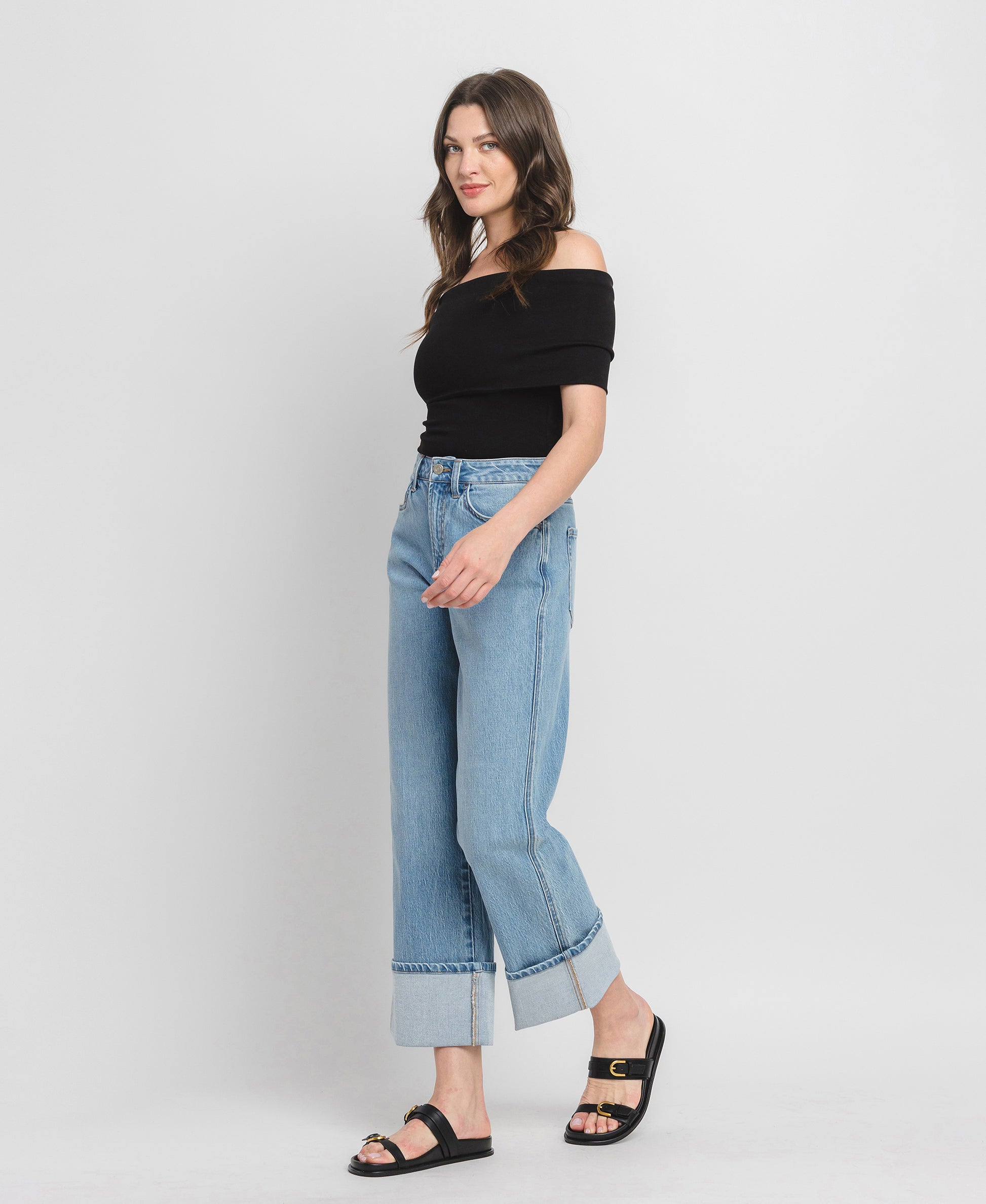 Left 45 degrees product image of Enrapture - Super High Rise Cuff Baggy Straight Jeans