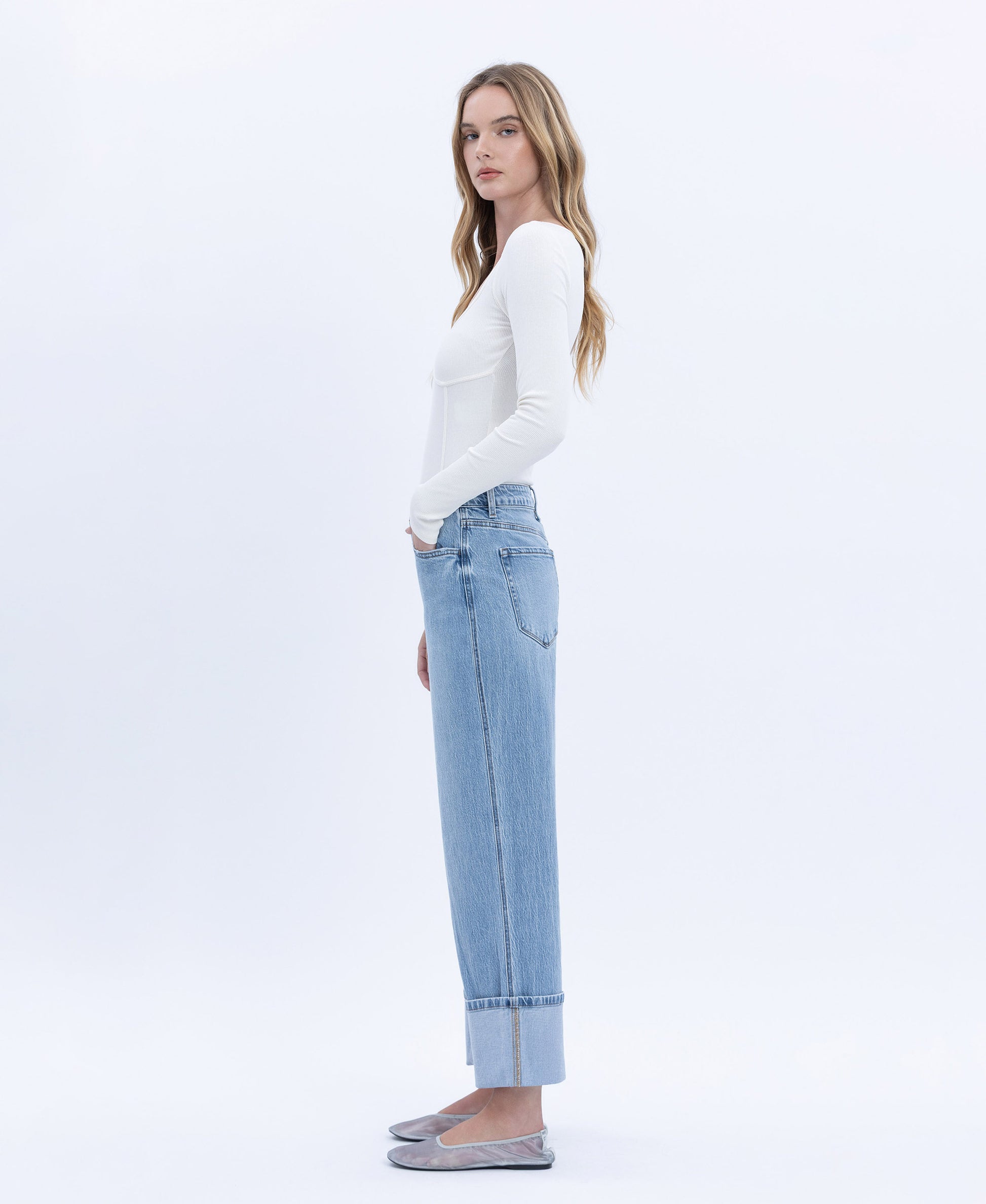 Left 45 degrees product image of Enrapture - Super High Rise Cuffed Baggy Straight Jeans