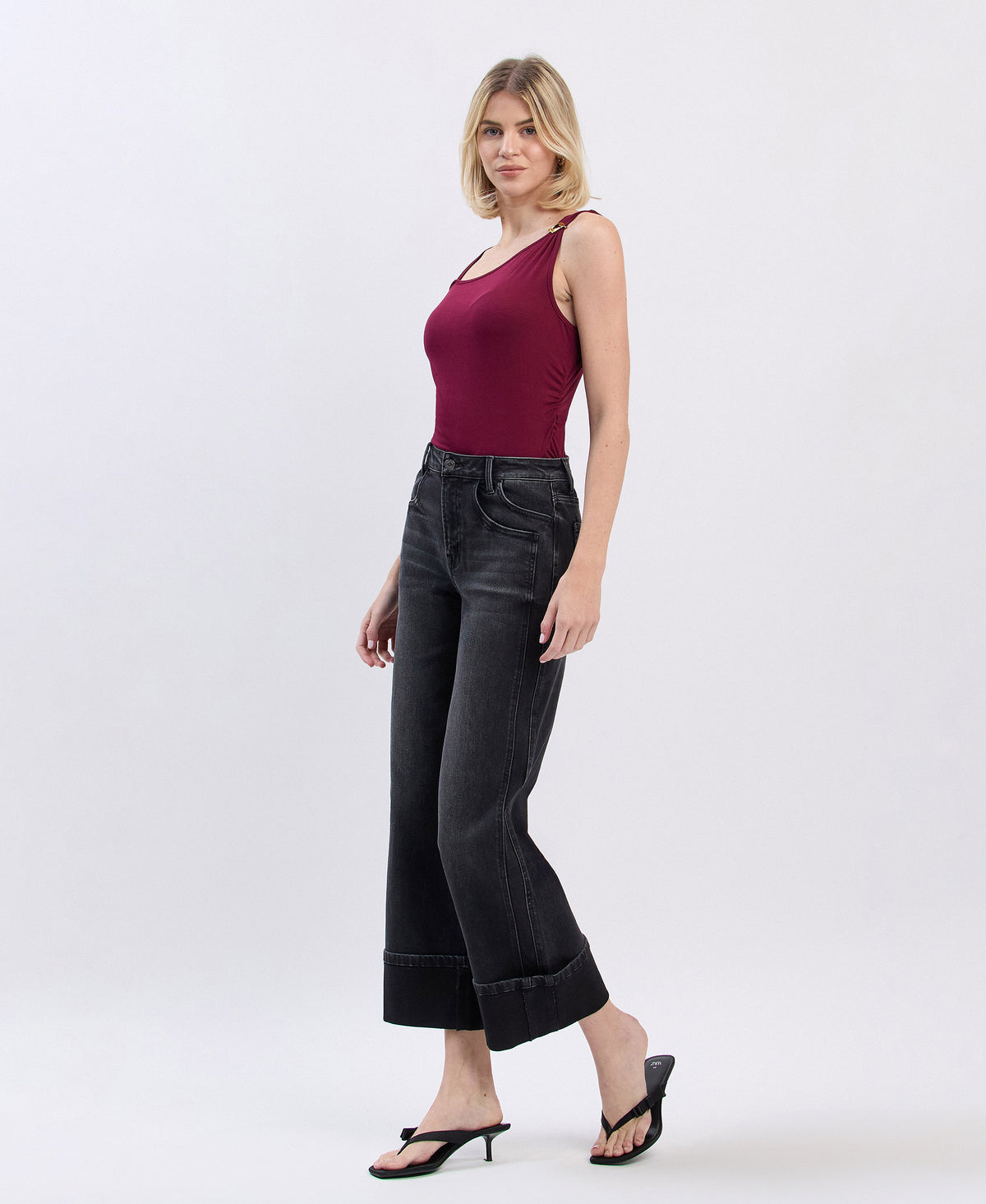 Left 45 degrees product image of Black - Super High Rise Cuffed Baggy Wide Leg Jeans