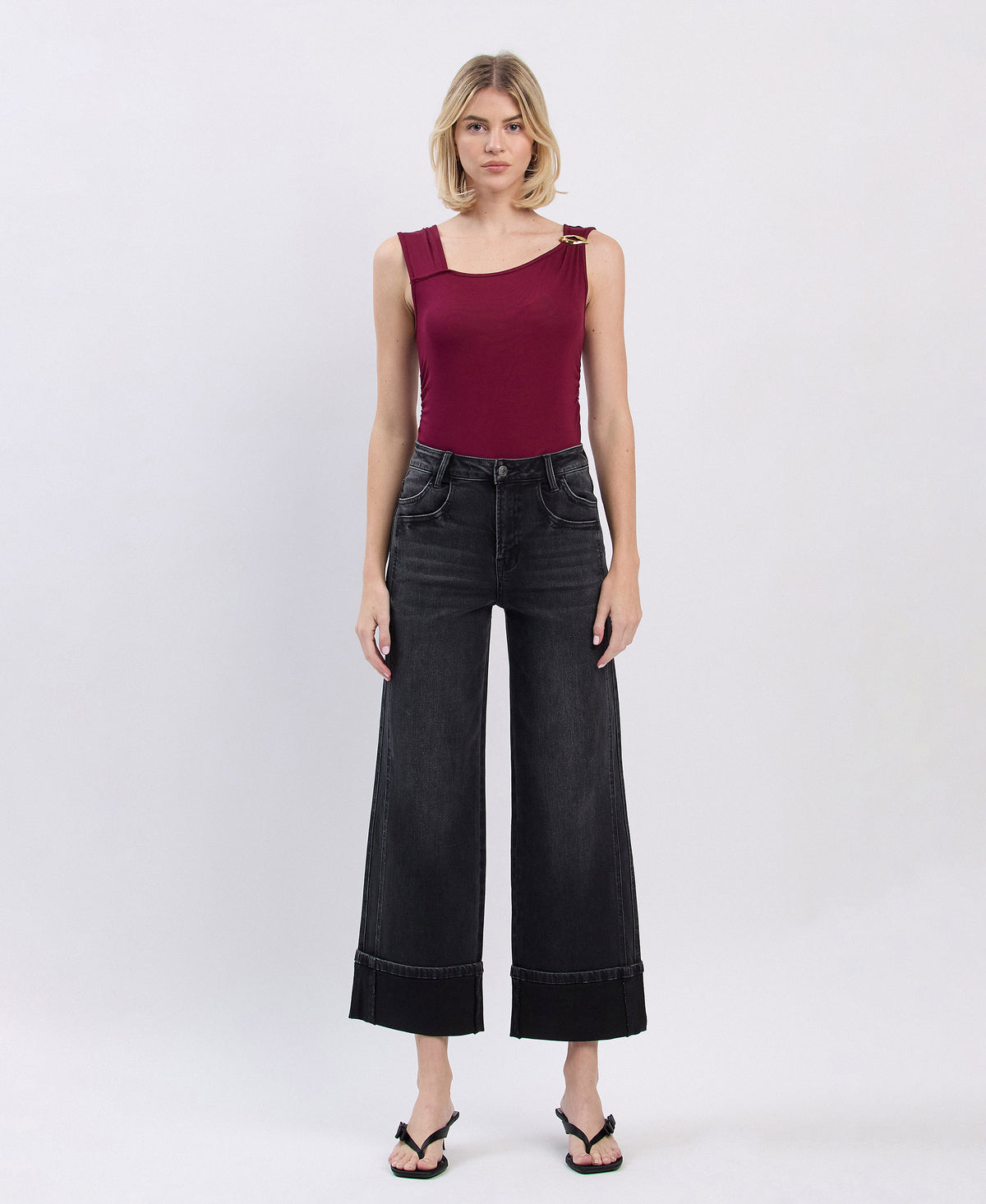 Front product images of Black - Super High Rise Cuffed Baggy Wide Leg Jeans
