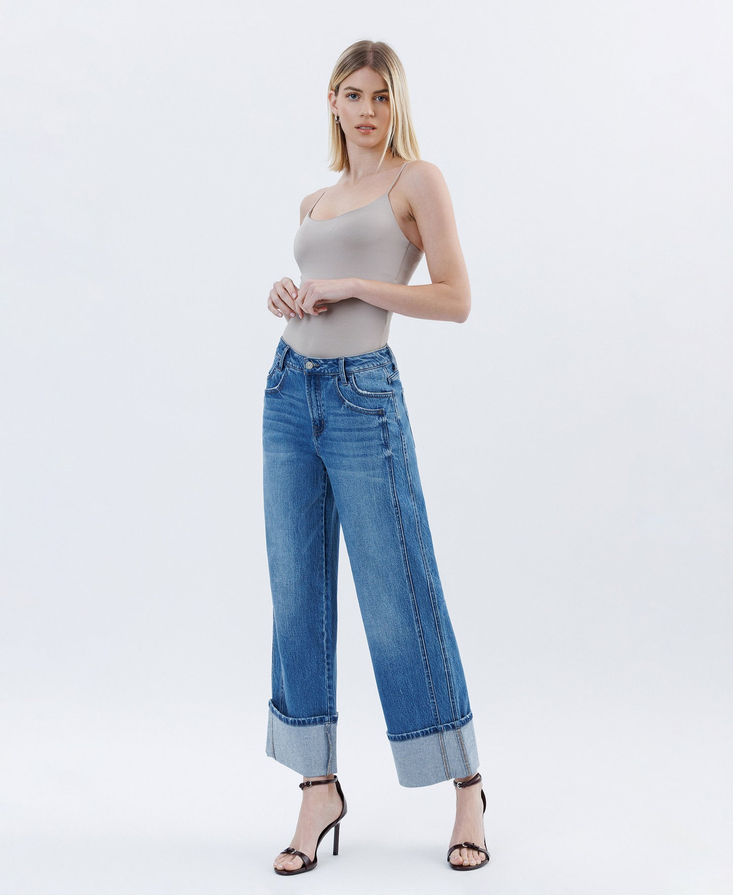 Left 45 degrees product image of Medium Dark - Super High Rise Cuffed Baggy Wide Leg Jeans