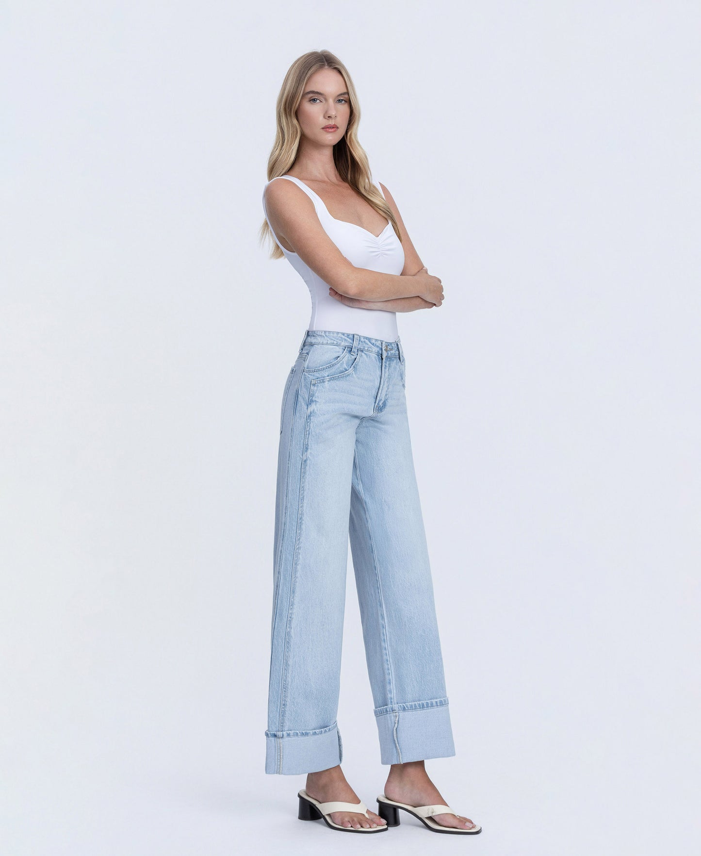 Right 45 degrees product image of Streamlined - Super High Rise Cuffed Baggy Wide Leg Jeans