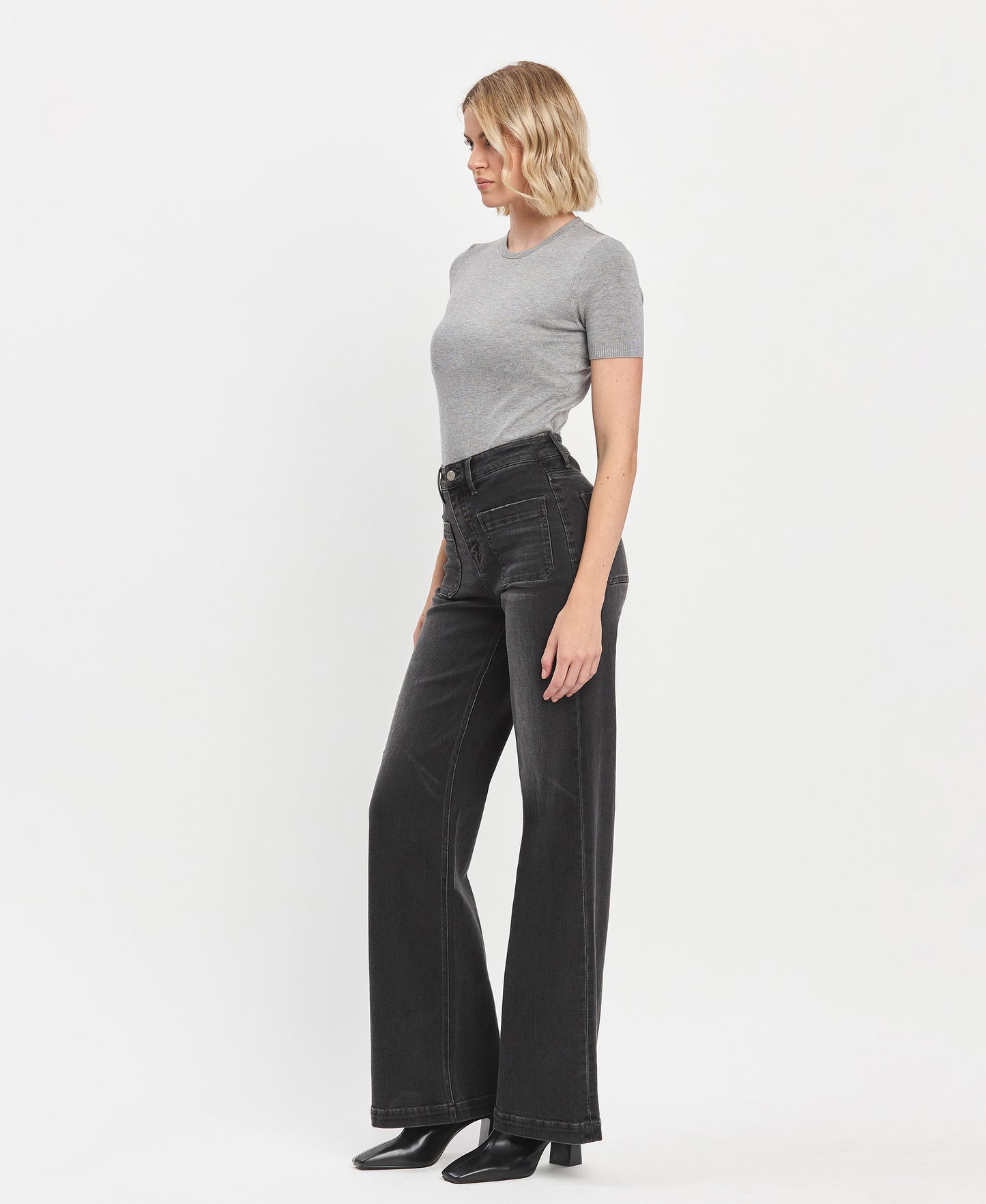 Left 45 degrees product image of Engross - High Rise Patch Pocket Trouser Hem Wide Leg Jeans