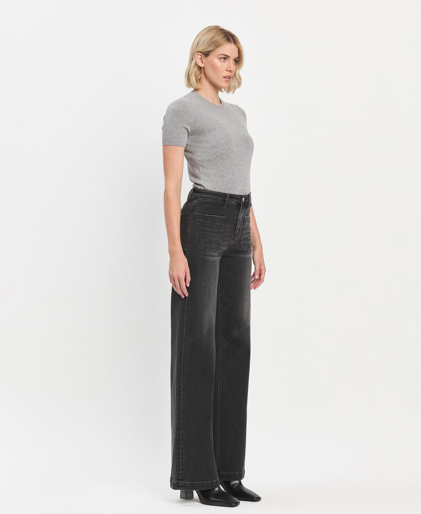 Right 45 degrees product image of Engross - High Rise Patch Pocket Trouser Hem Wide Leg Jeans