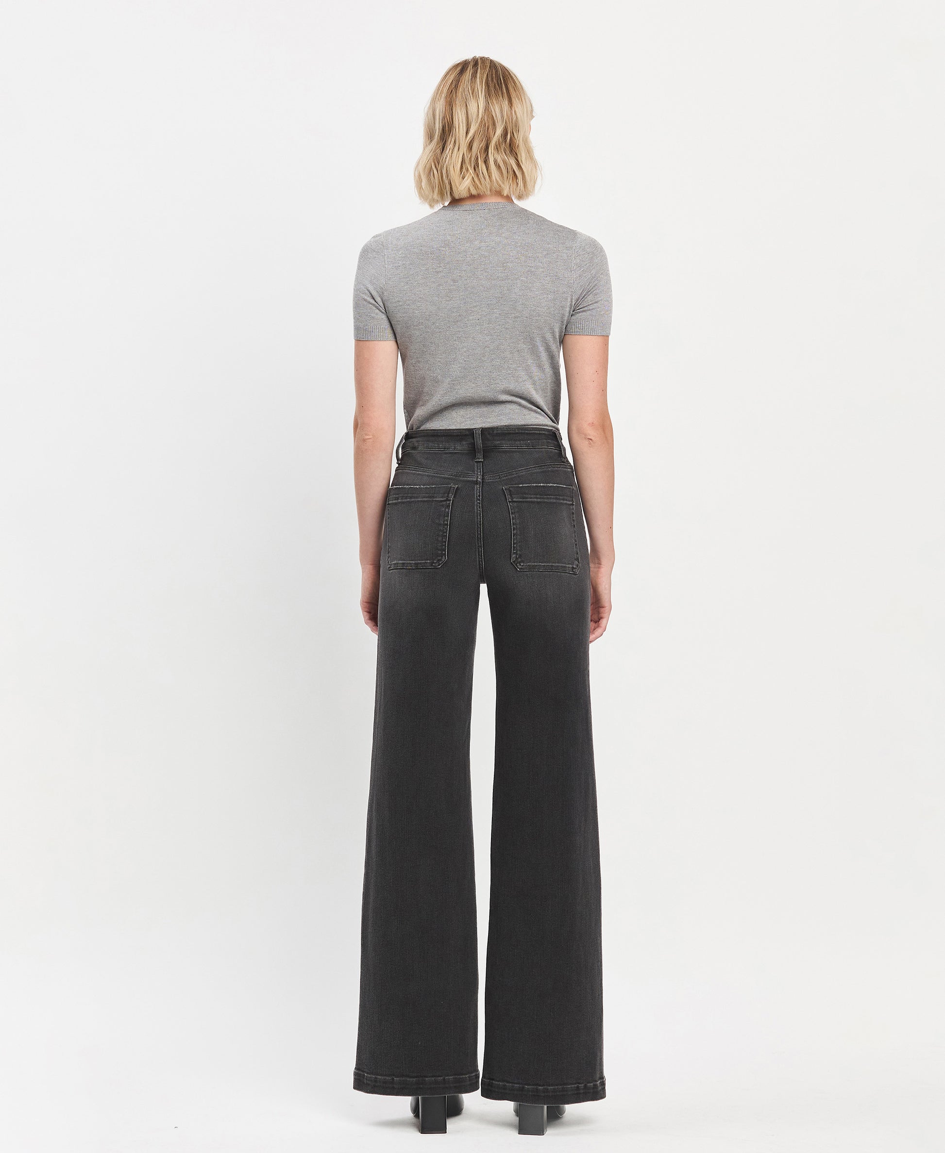 Back product images of Engross - High Rise Patch Pocket Trouser Hem Wide Leg Jeans