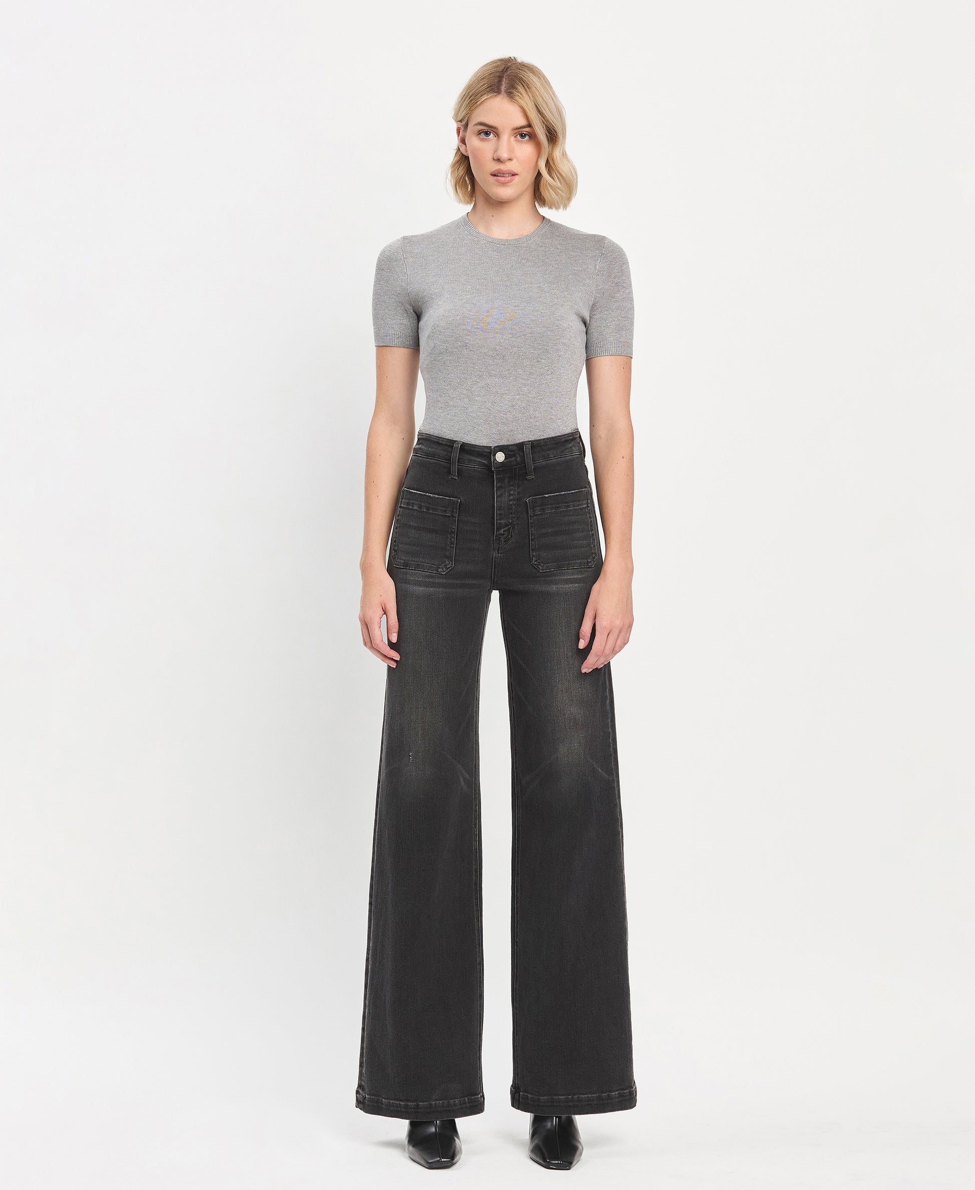 Front product images of Engross - High Rise Patch Pocket Trouser Hem Wide Leg Jeans