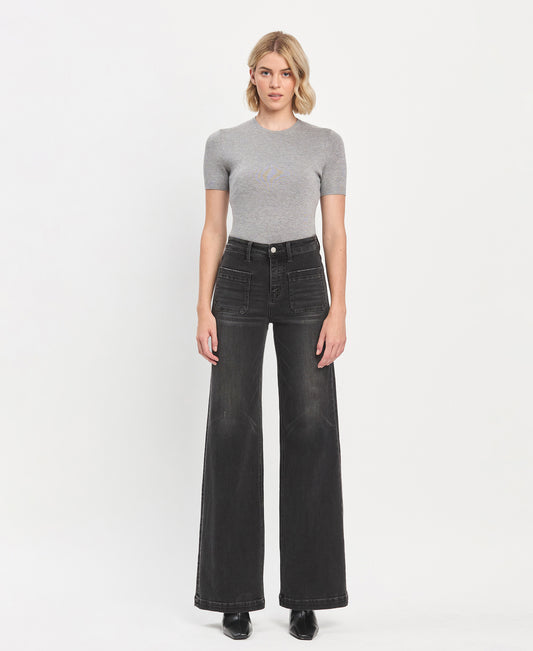 Front product images of Engross - High Rise Patch Pocket Trouser Hem Wide Leg Jeans