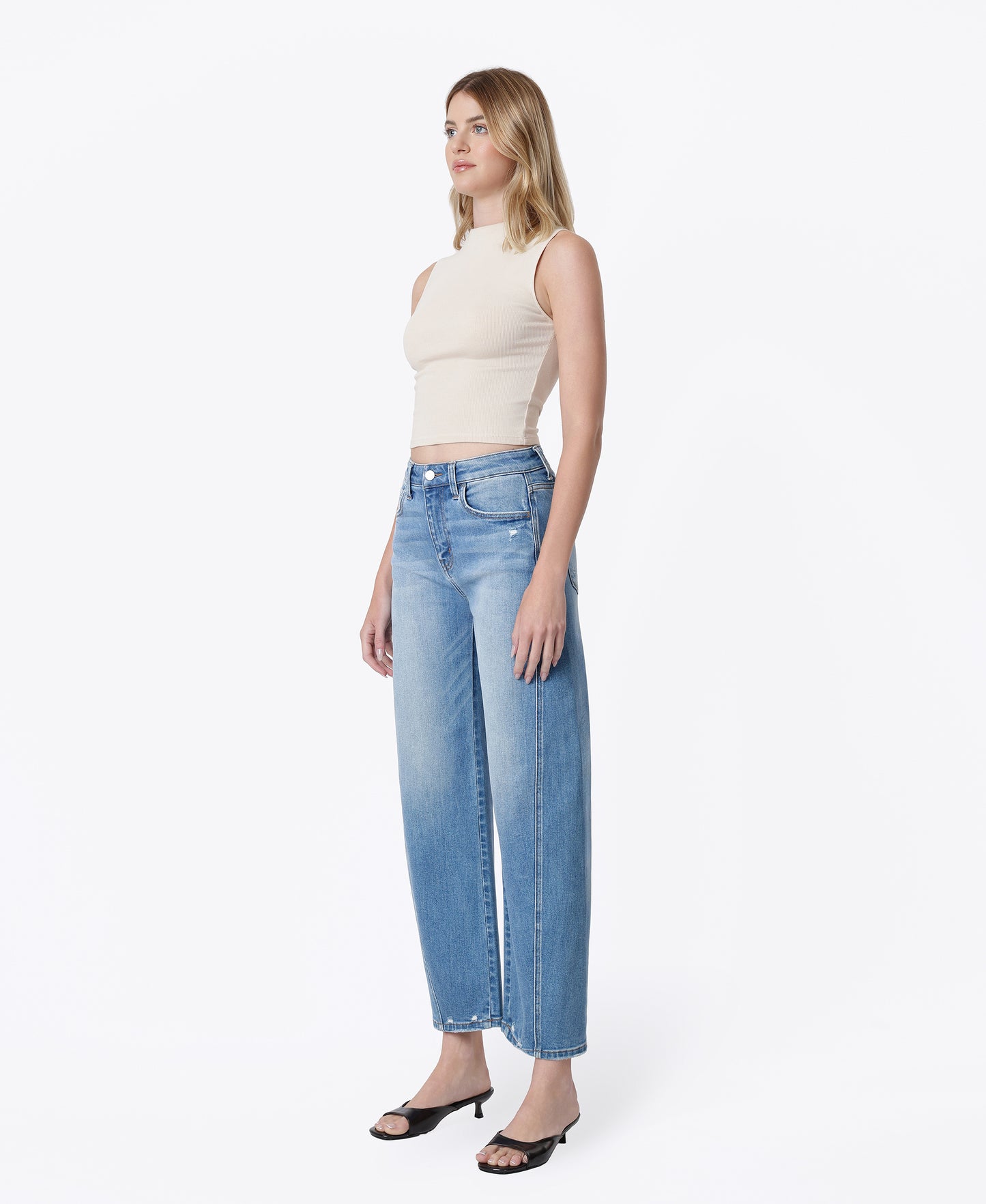 Left 45 degrees product image of Medium Blue - Super High Rise Seamed Barrel Jeans