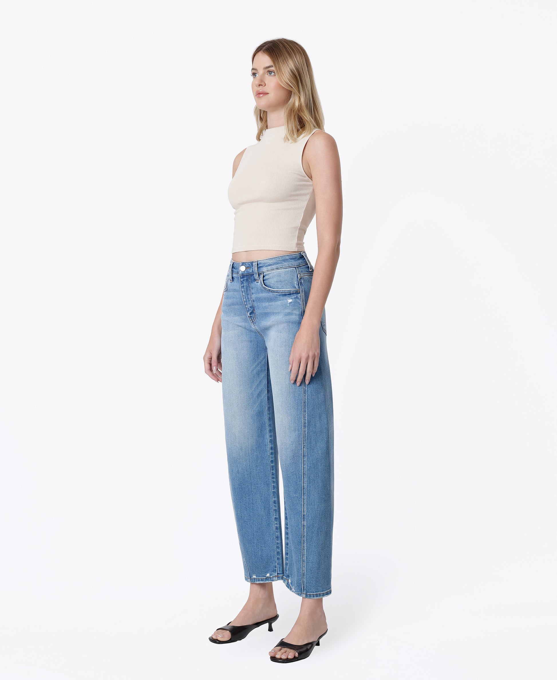 Left 45 degrees product image of Medium Blue - Super High Rise Seamed Barrel Jeans