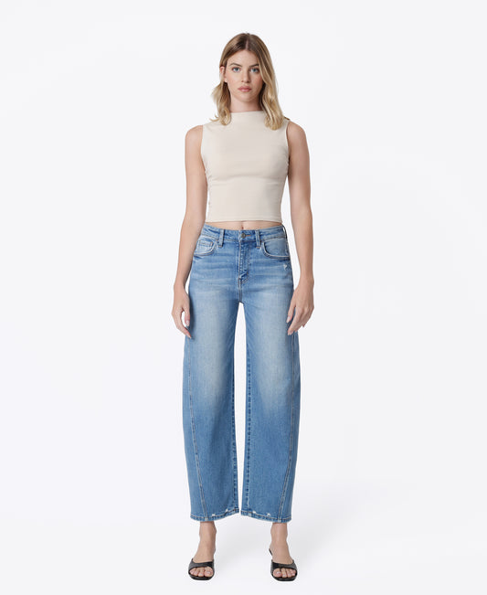 Front product images of Medium Blue - Super High Rise Seamed Barrel Jeans