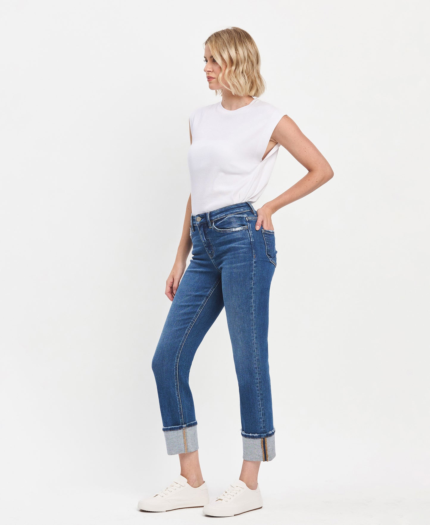 Left 45 degrees product image of Imbue - High Rise Cuffed Slim Straight Jeans