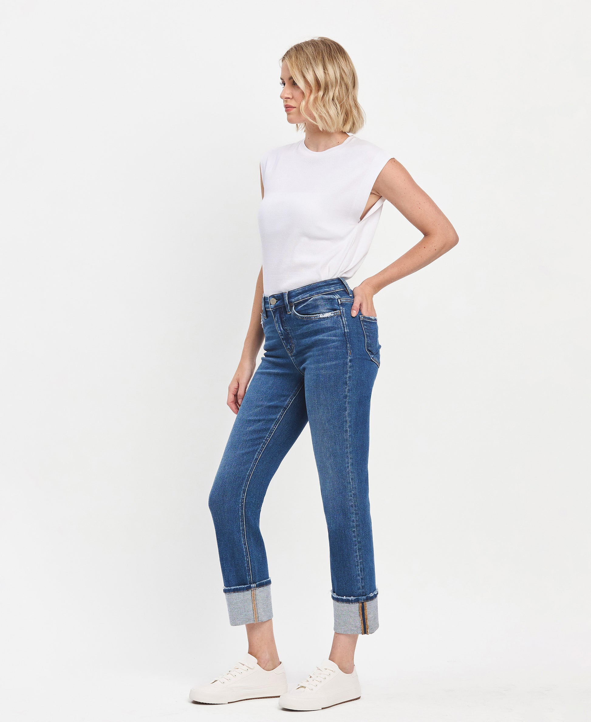 Left 45 degrees product image of Imbue - High Rise Cuffed Slim Straight Jeans